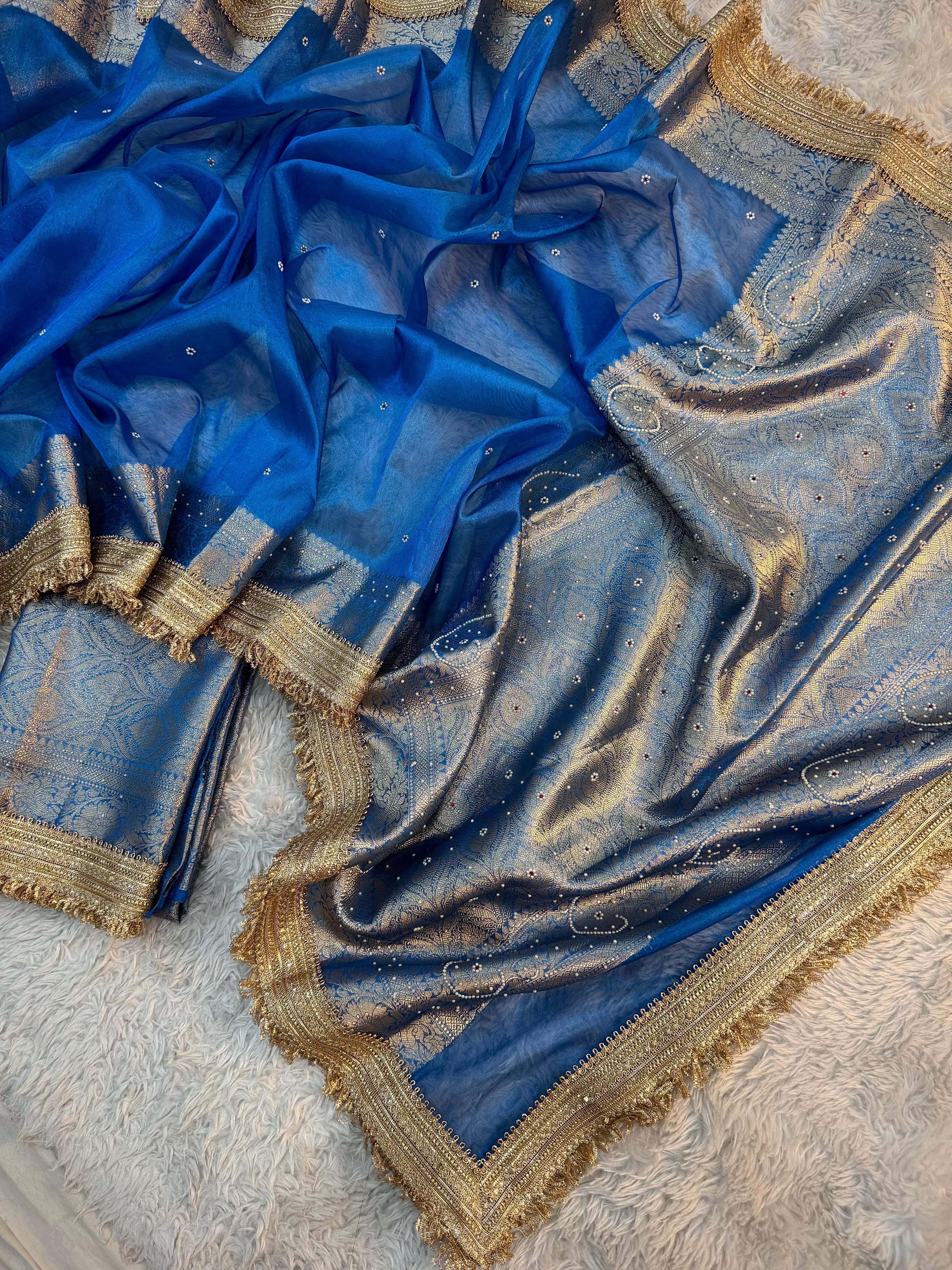PREMIUM BLUE SHADE SOFT TISSUE SILK SAREE STONE WORK WITH LACE ATTACHED