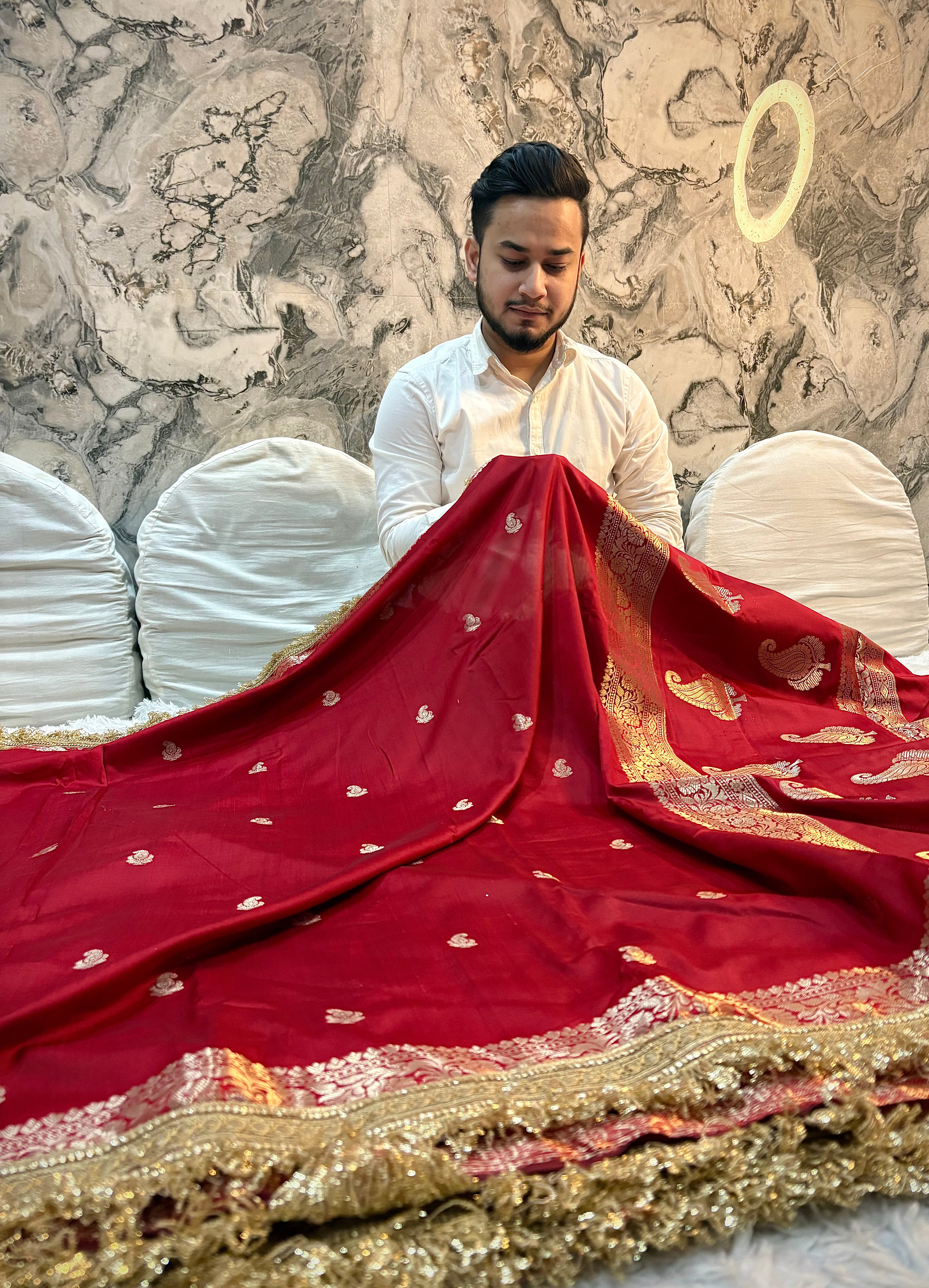 PREMIUM RED SHADE BANARASI SOFT SILK SAREE WITH LACE ATTACHED