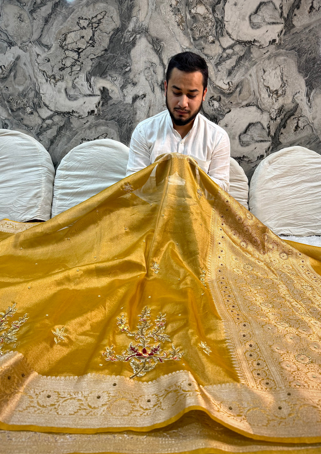 LUXURIOUS YELLOW SHADE SOFT TISSUE SILK SAREE WITH PREMIUM ZARDOZI DESIGNER SAREE