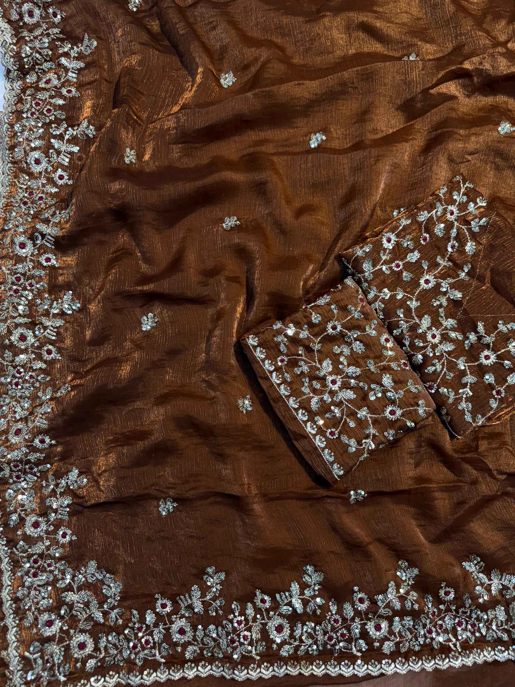 PREMIUM BURNT BRONZE SHIMMERY TISSUE SILK HANDWORK SAREE