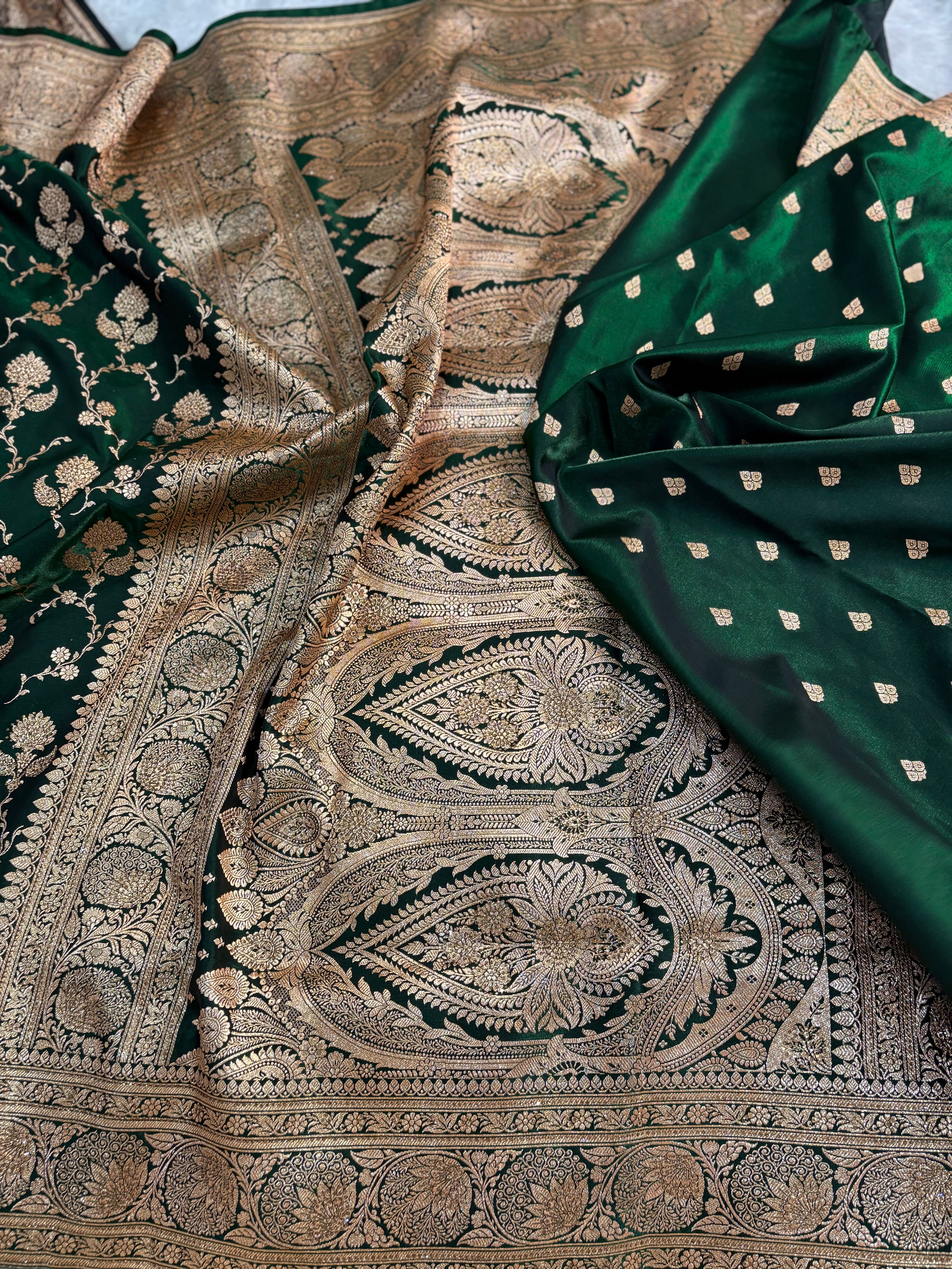 LUXURIOUS BOTTLE GREEN SATIN KATAN SILK SAREE WITH PREMIUM SWAROSKI WORK