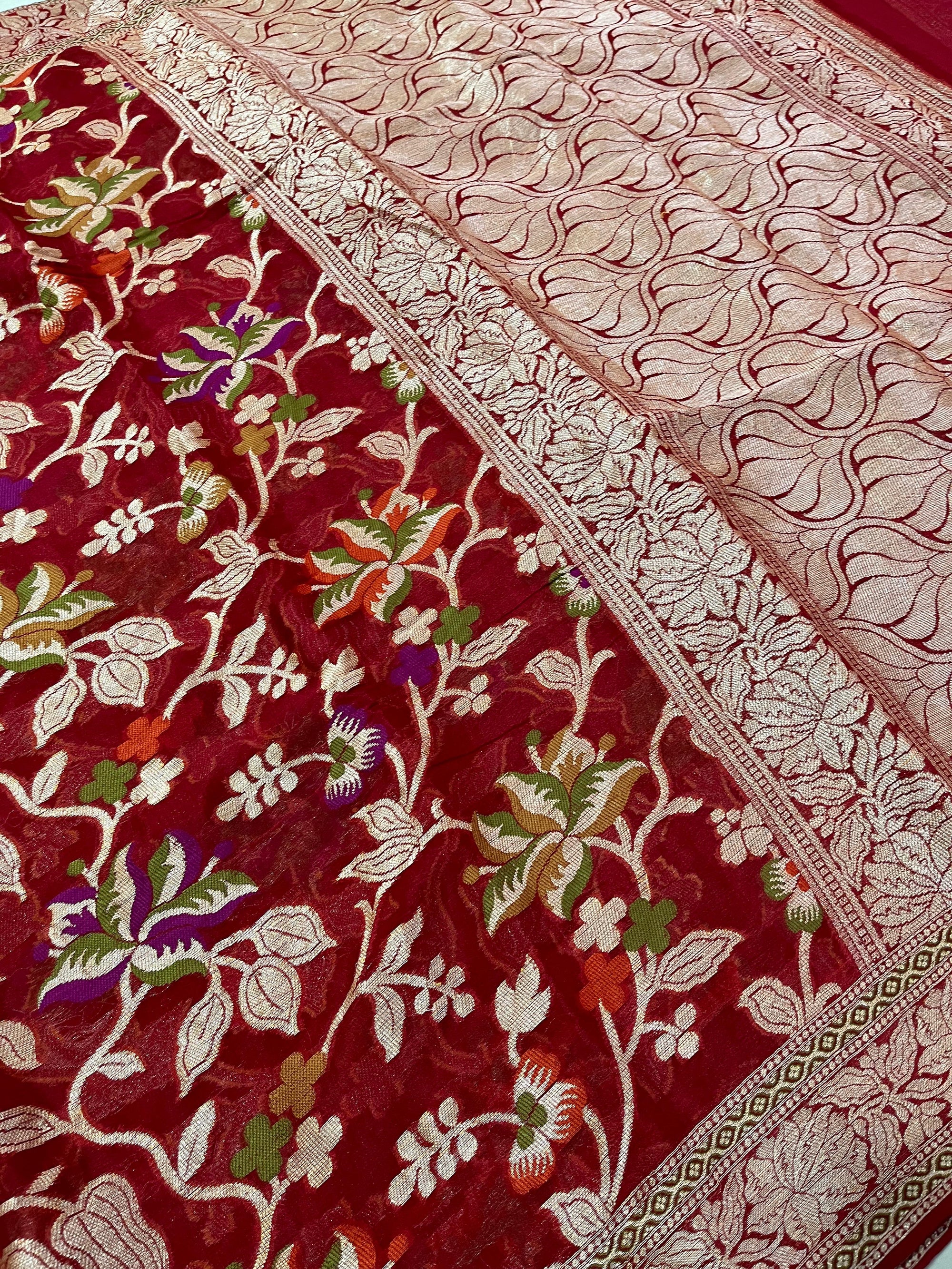 PREMIUM BLOOD RED SHADE PURE KHADDI GEORGETTE SILK SAREE WITH BEAUTIFUL HAND-BRUSH