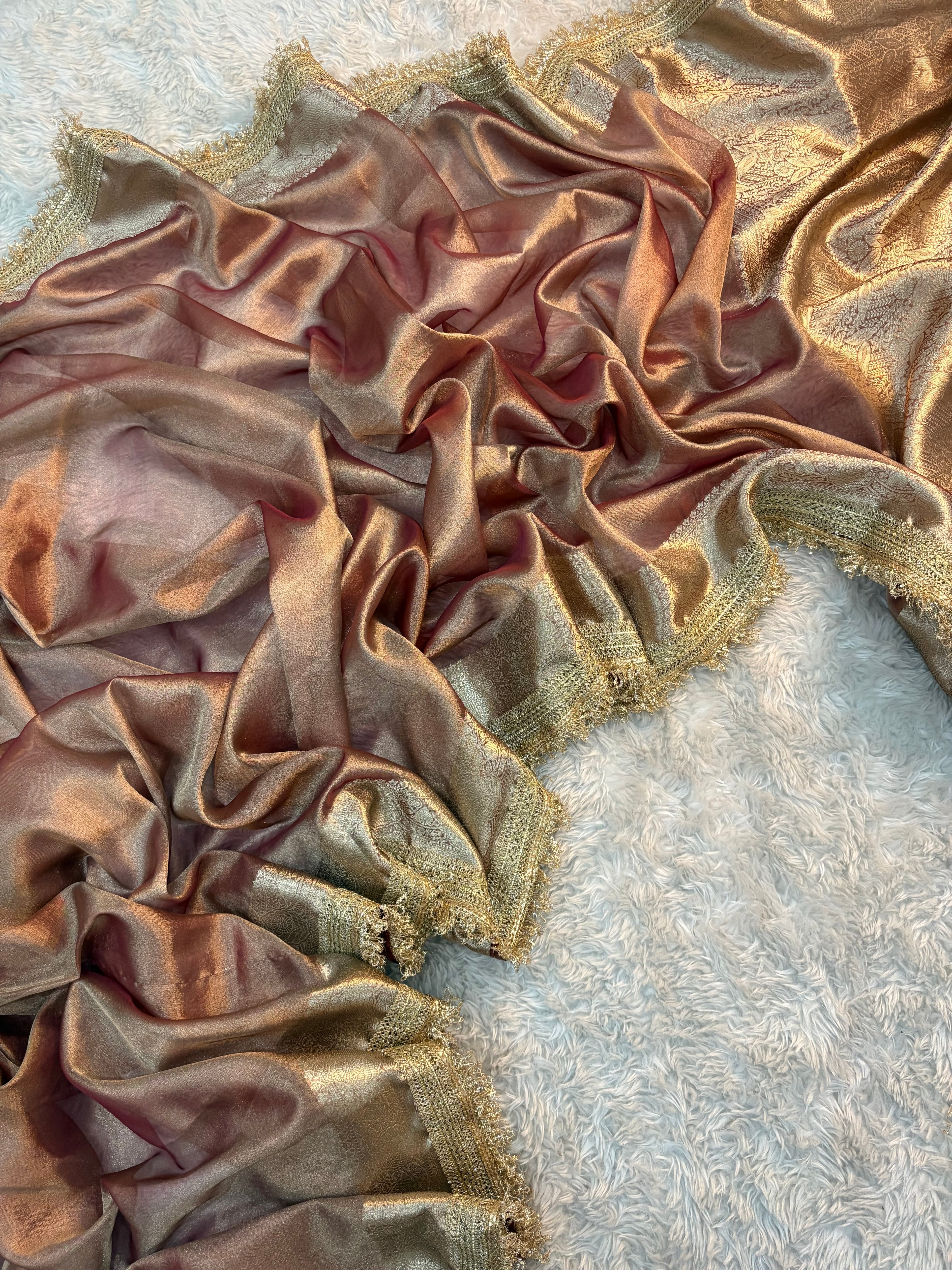 PREMIUM BRONZED GLOW SHADE SOFT TISSUE SILK SAREE WITH LACE ATTACHED