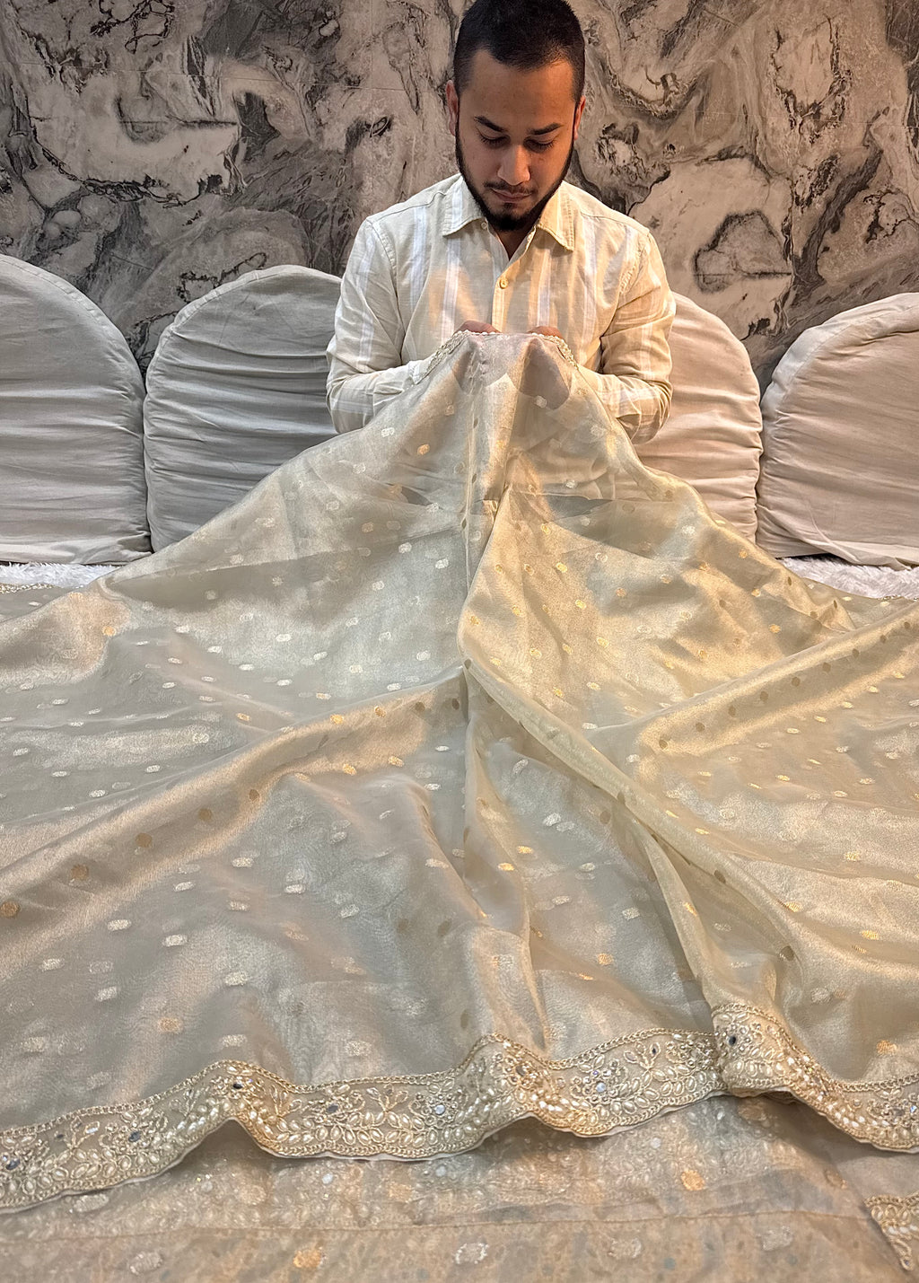 LUXURIOUS IVORY SHADE DESIGNER SOFT TISSUE SILK BOOTI SAREE WITH  LACE ATTACHED