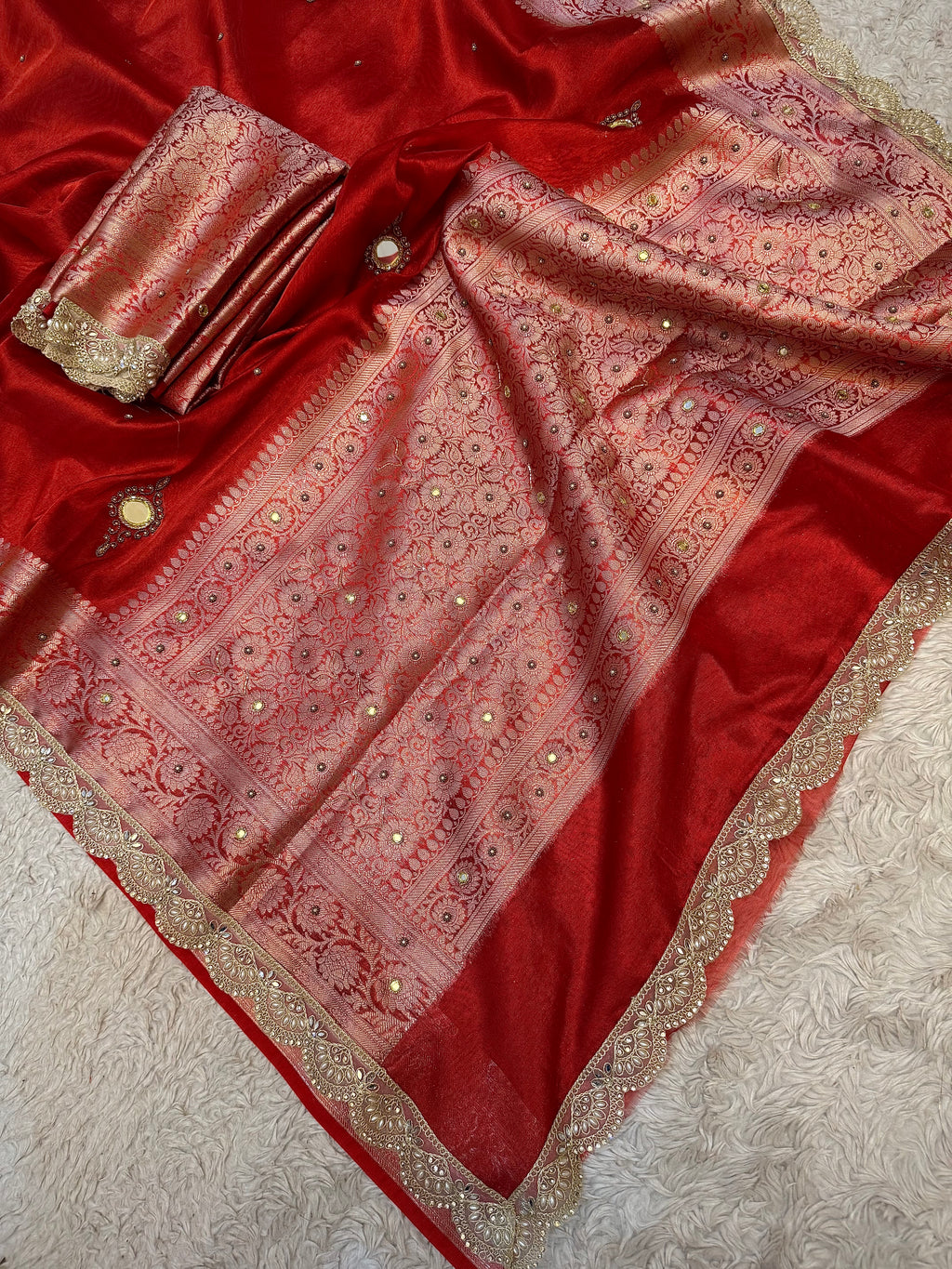LUXURIOUS BRIDAL RED SHADE SOFT TISSUE SILK SAREE WITH PREMIUM ZARDOZI MIRROR WORK AND LACE ATTACHED