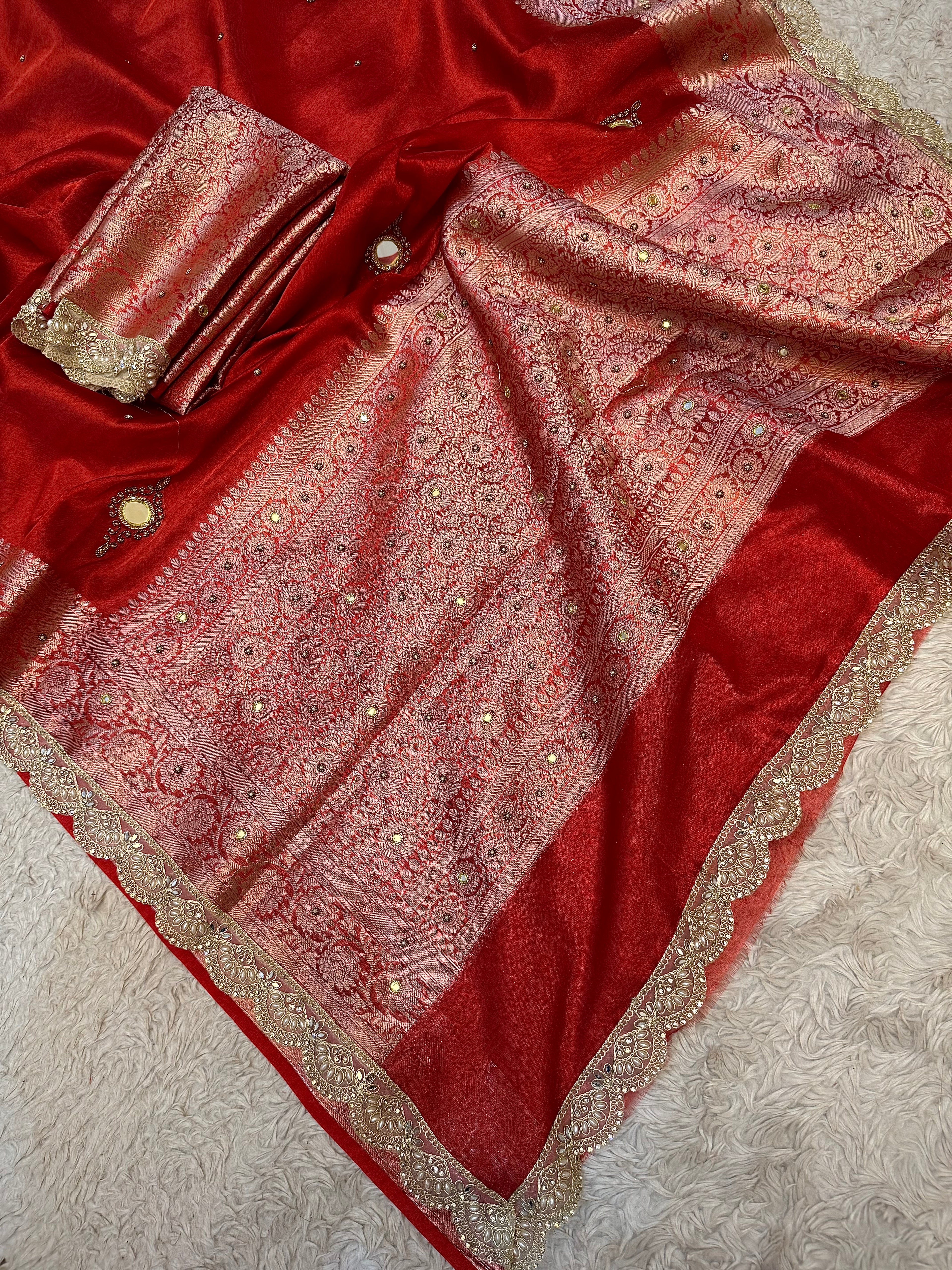 LUXURIOUS BRIDAL RED SHADE SOFT TISSUE SILK SAREE WITH PREMIUM ZARDOZI MIRROR WORK AND LACE ATTACHED