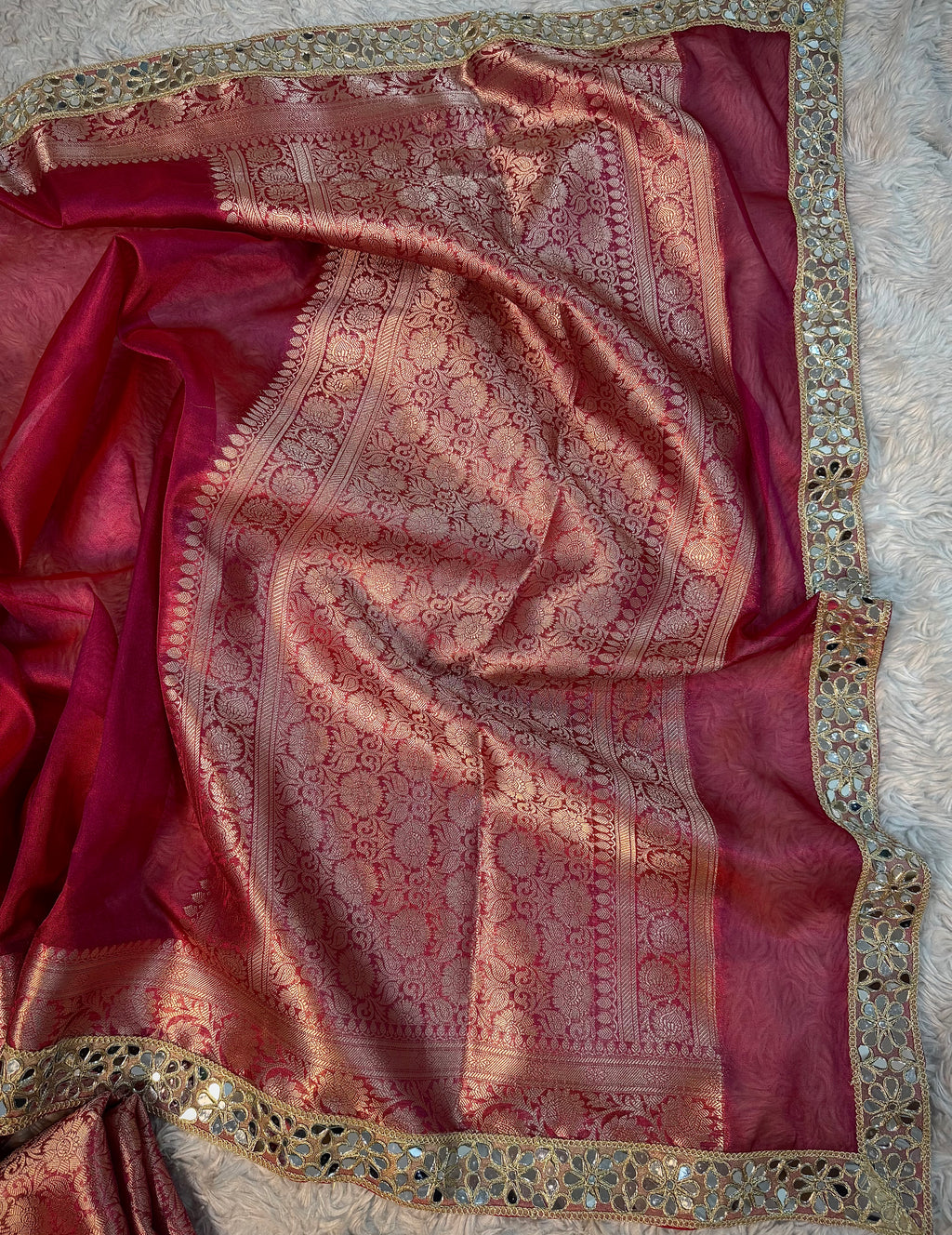 EXCLUSIVE HOT RANI SHADE SOFT TISSUE SILK SAREE WITH DESIGNER LACE ATTACHED