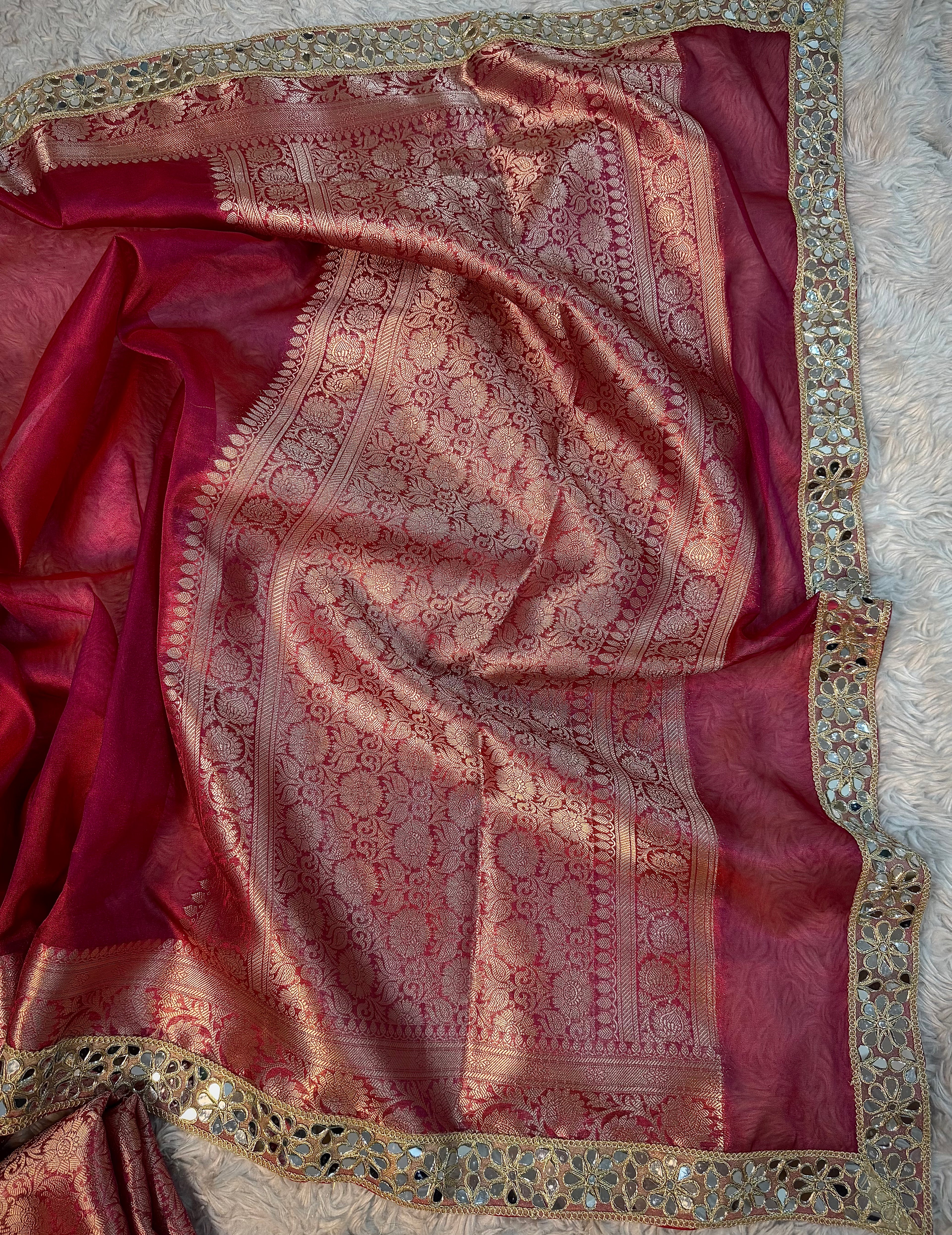 EXCLUSIVE HOT RANI SHADE SOFT TISSUE SILK SAREE WITH DESIGNER LACE ATTACHED