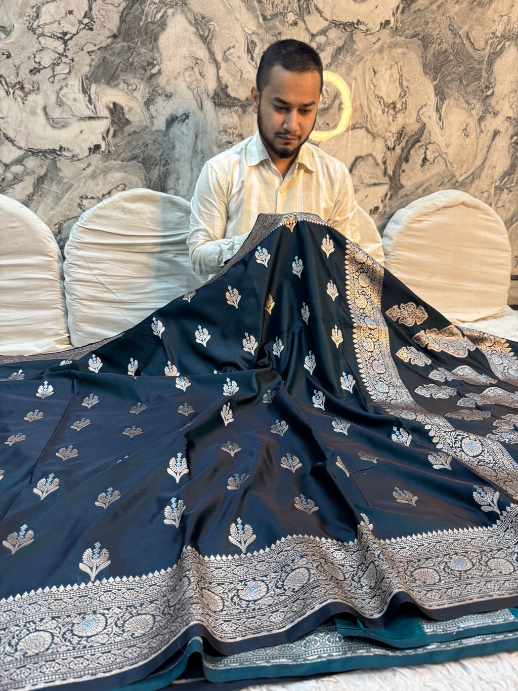 PREMIUM GERMAN BLUE SHADE MASHRU KATAN SILK SAREE