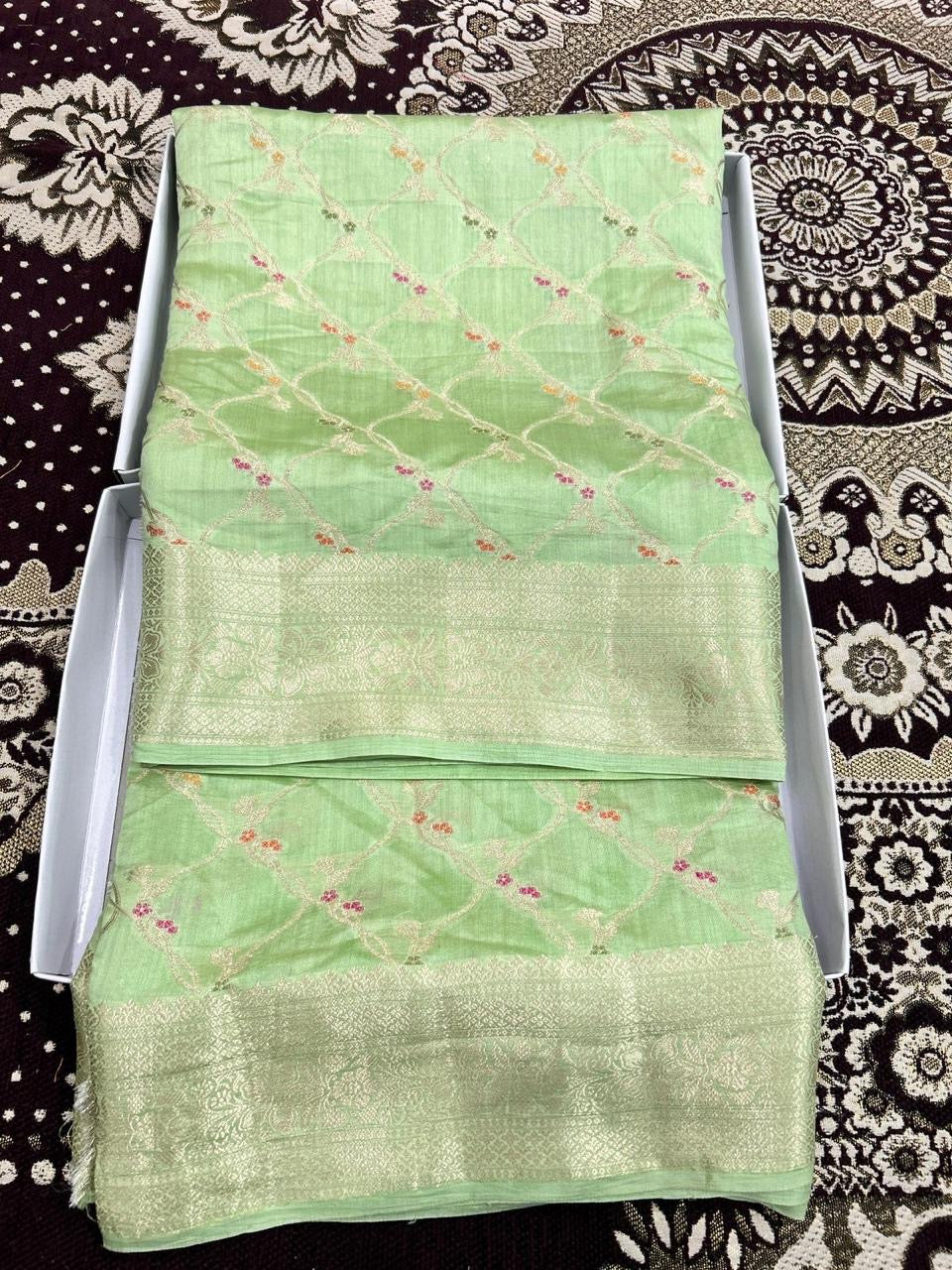 PREMIUM PISTA GREEN PURE CHINIYA SILK SAREE