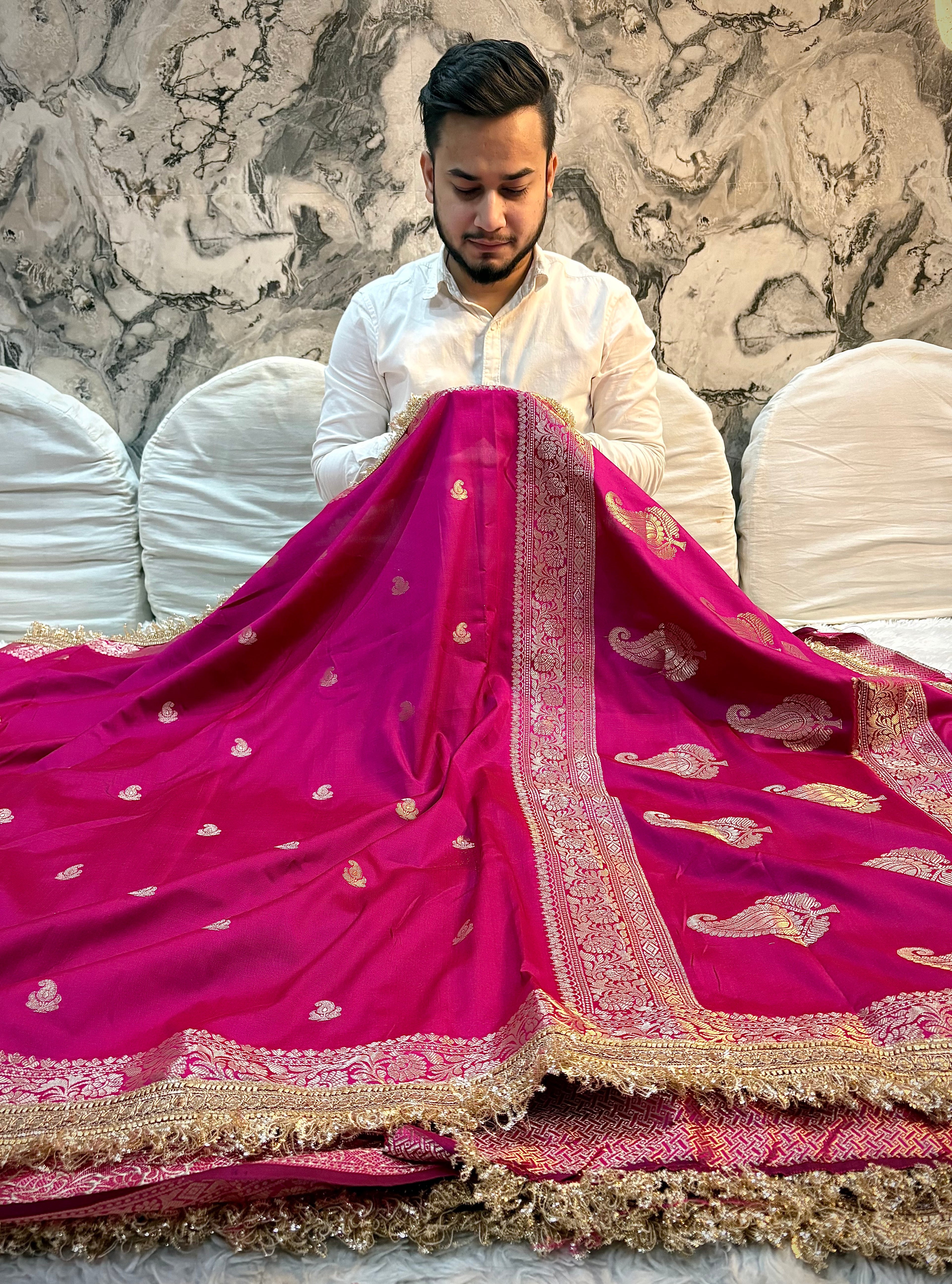 PREMIUM PINK SHADE BANARASI SOFT SILK SAREE WITH LACE ATTACHED