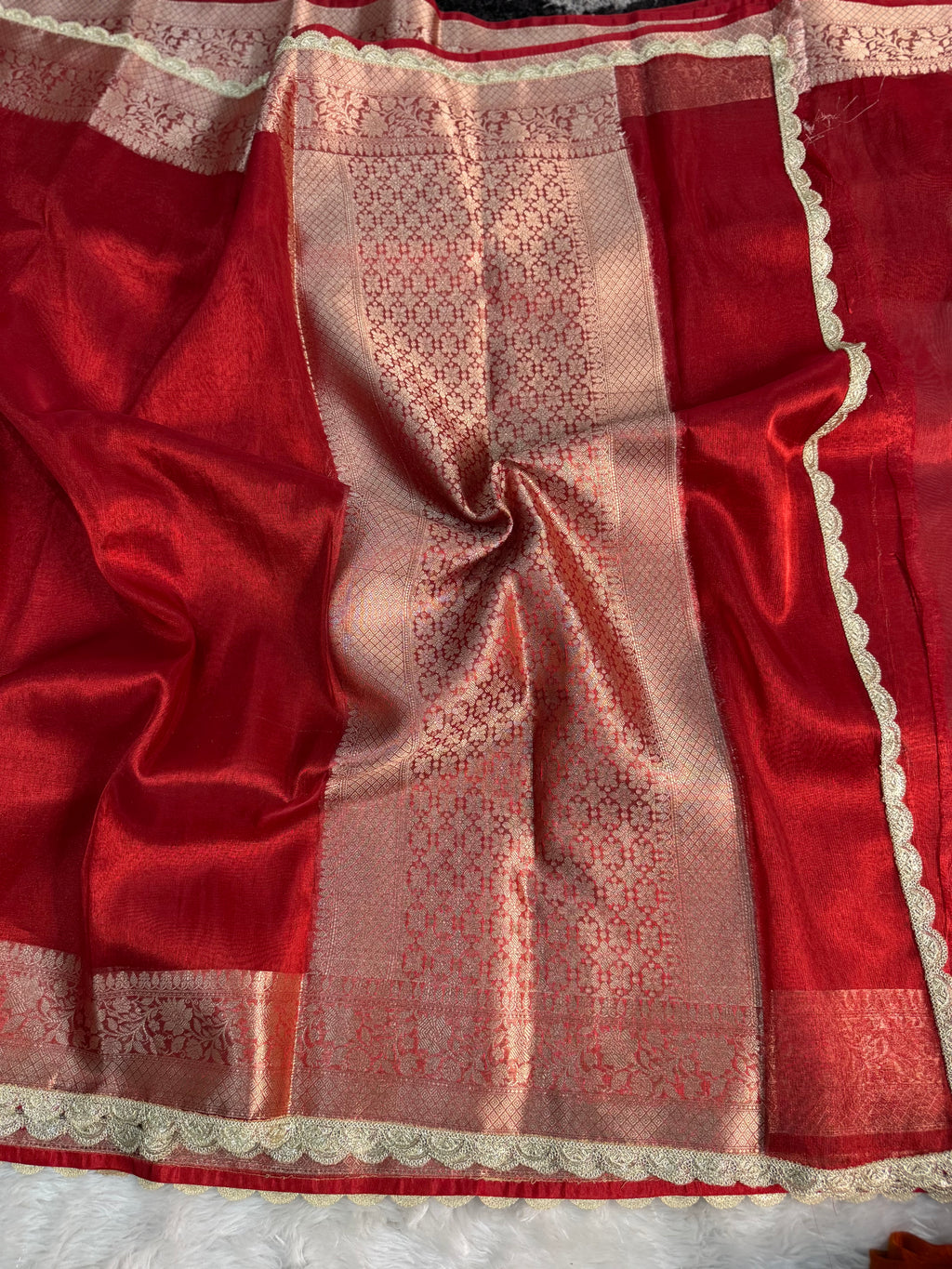 PREMIUM RED SHADE SOFT TISSUE SILK SAREE WITH LACE ATTACHED