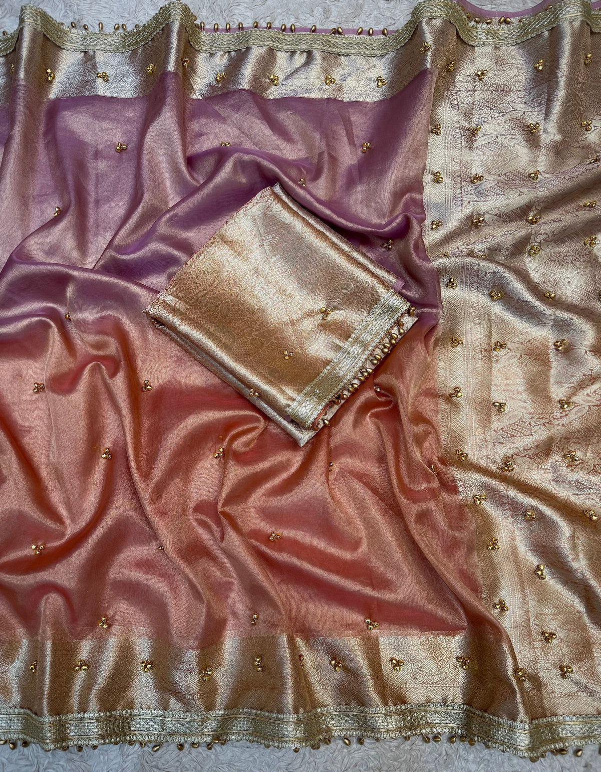 PREMIUM LAVENDER & PEACH SOFT BANARASI TISSUE SILK GHUNGROO WORK SAREE