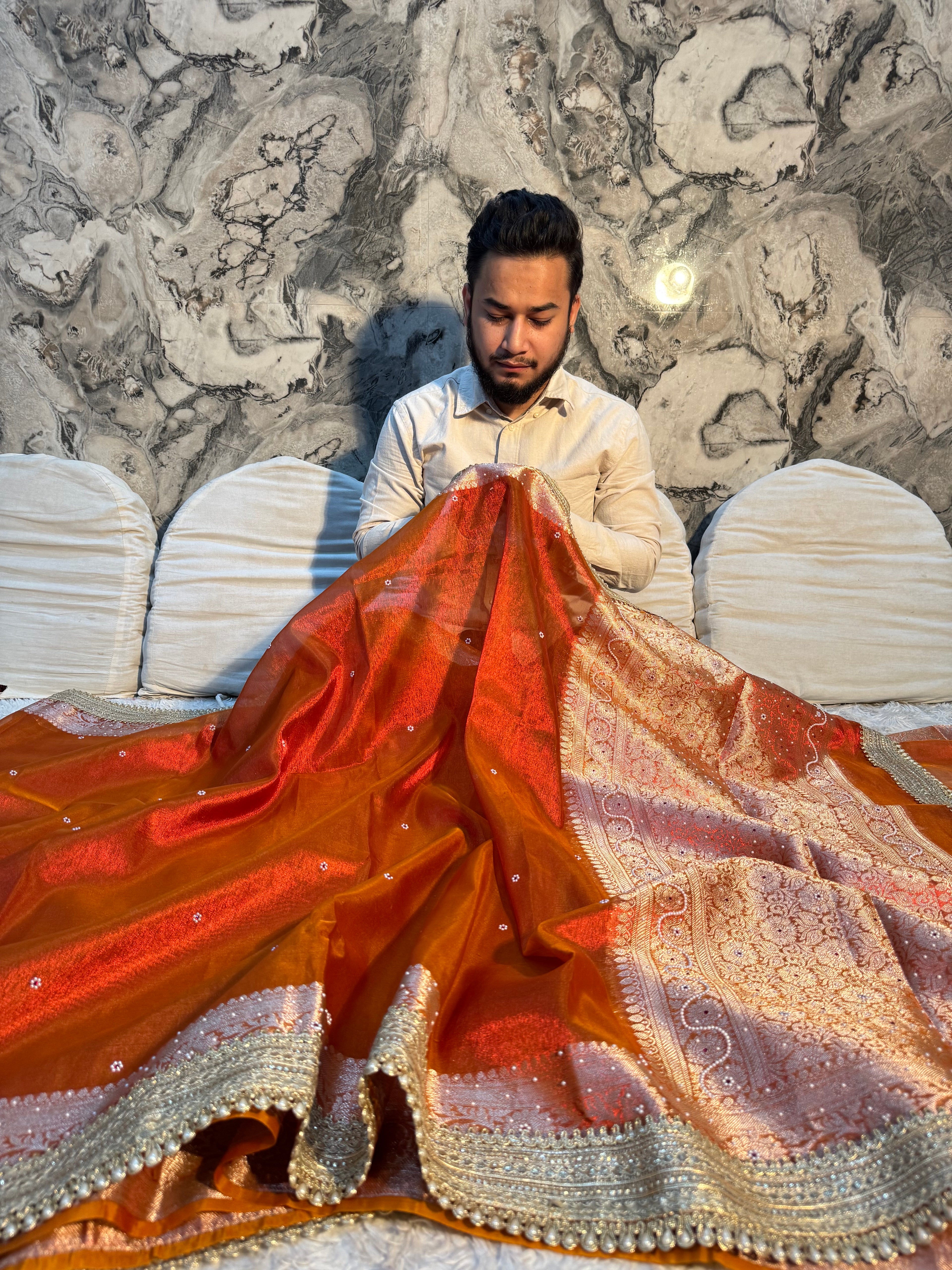EXCLUSIVE RUST SHADE SOFT TISSUE SILK SAREE DESIGNER HAND STONE WORK WITH LACE ATTACHED
