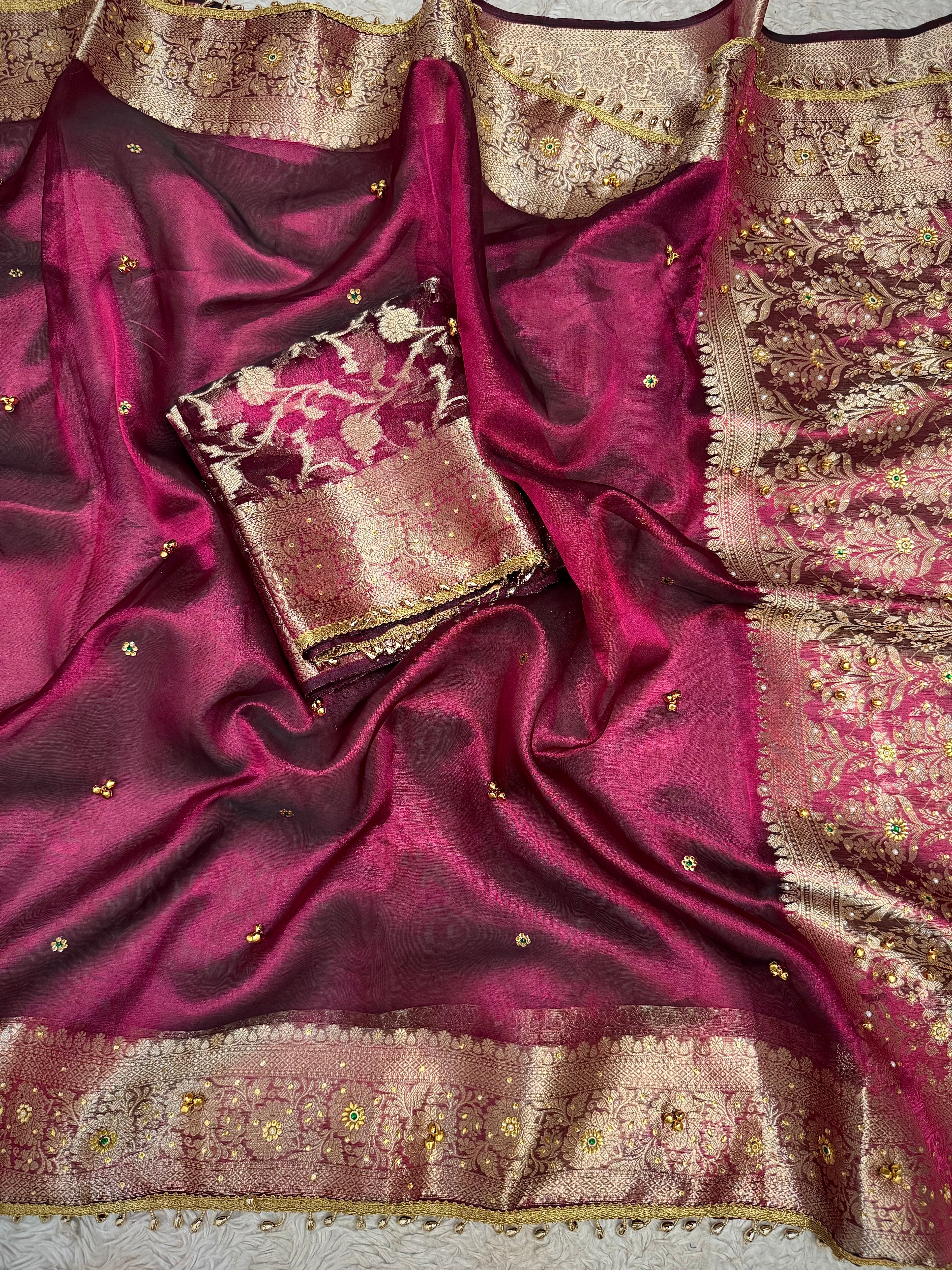 PREMIUM WINE SHADE GHUNGROO WORK SOFT BANARASI TISSUE SILK DESIGNER SAREE