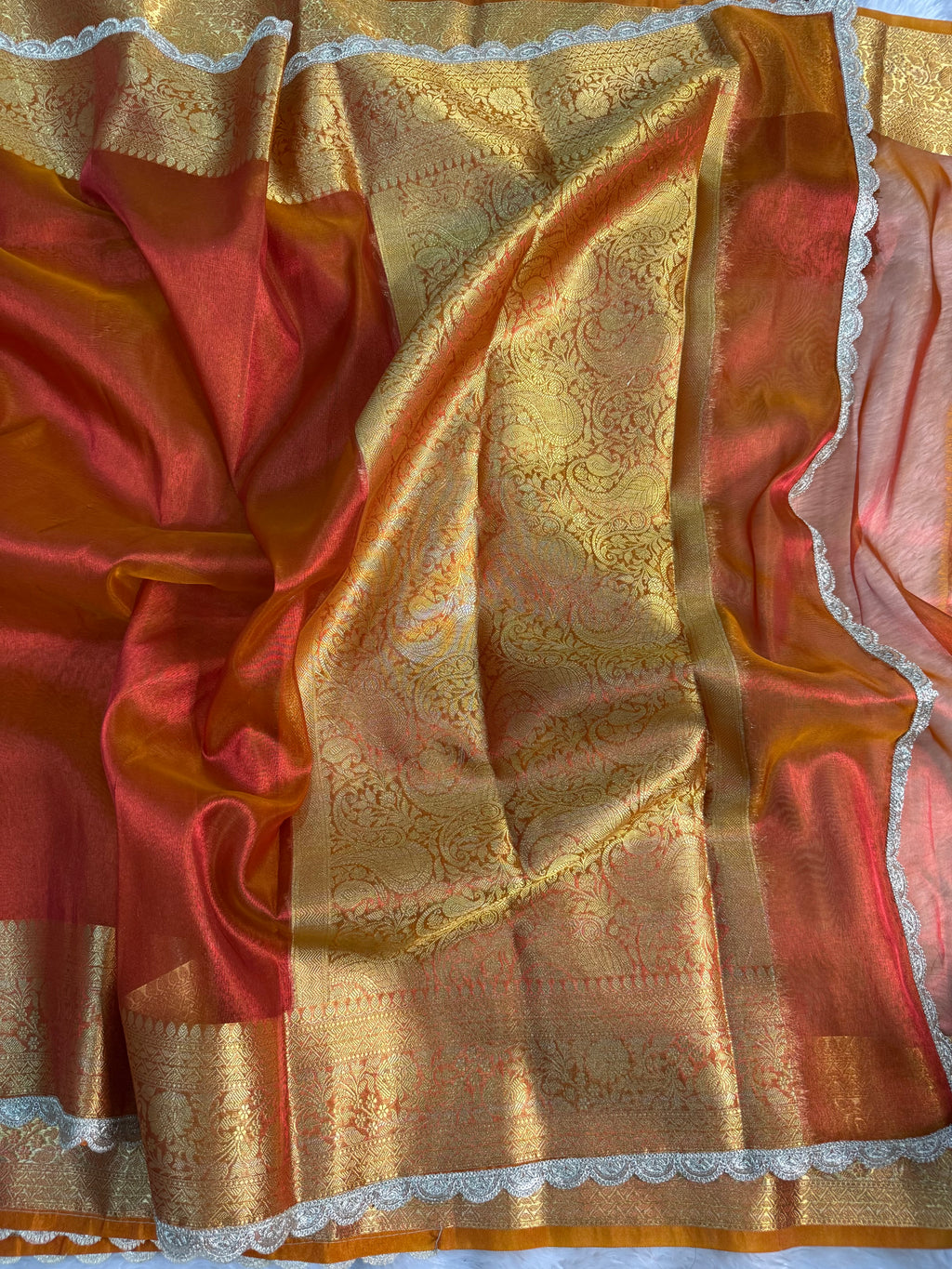 PREMIUM REDISH ORANGE SHADE SOFT TISSUE SILK SAREE WITH LACE ATTACHED