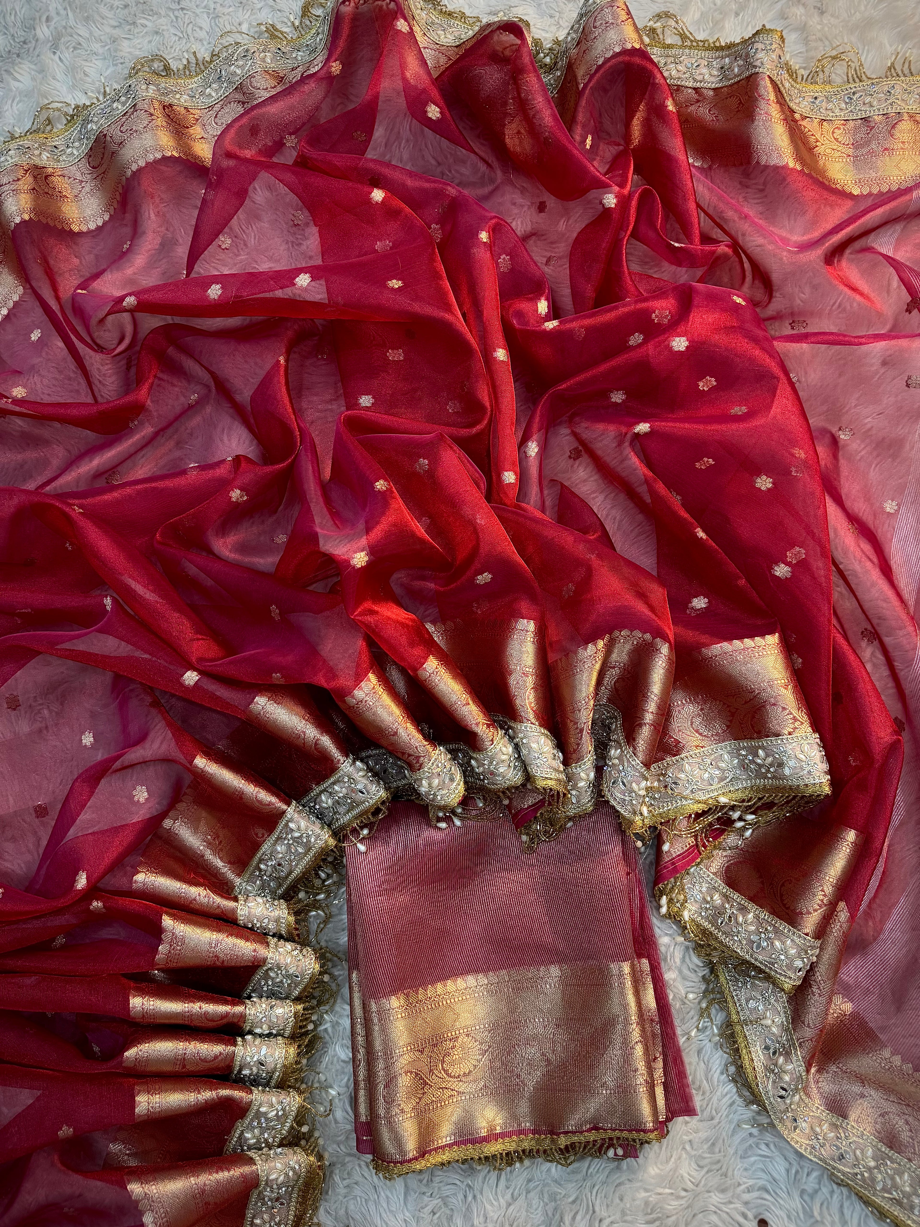 PREMIUM PINK RED SHADE DESIGNER SOFT TISSUE SILK BOOTI SAREE WITH MAHARANI LACE ATTACHED
