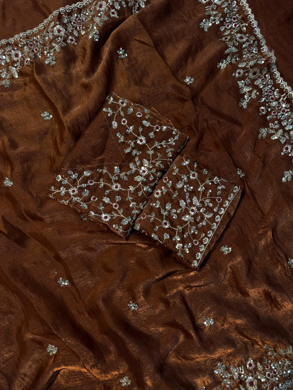 PREMIUM BURNT BRONZE SHIMMERY TISSUE SILK HANDWORK SAREE