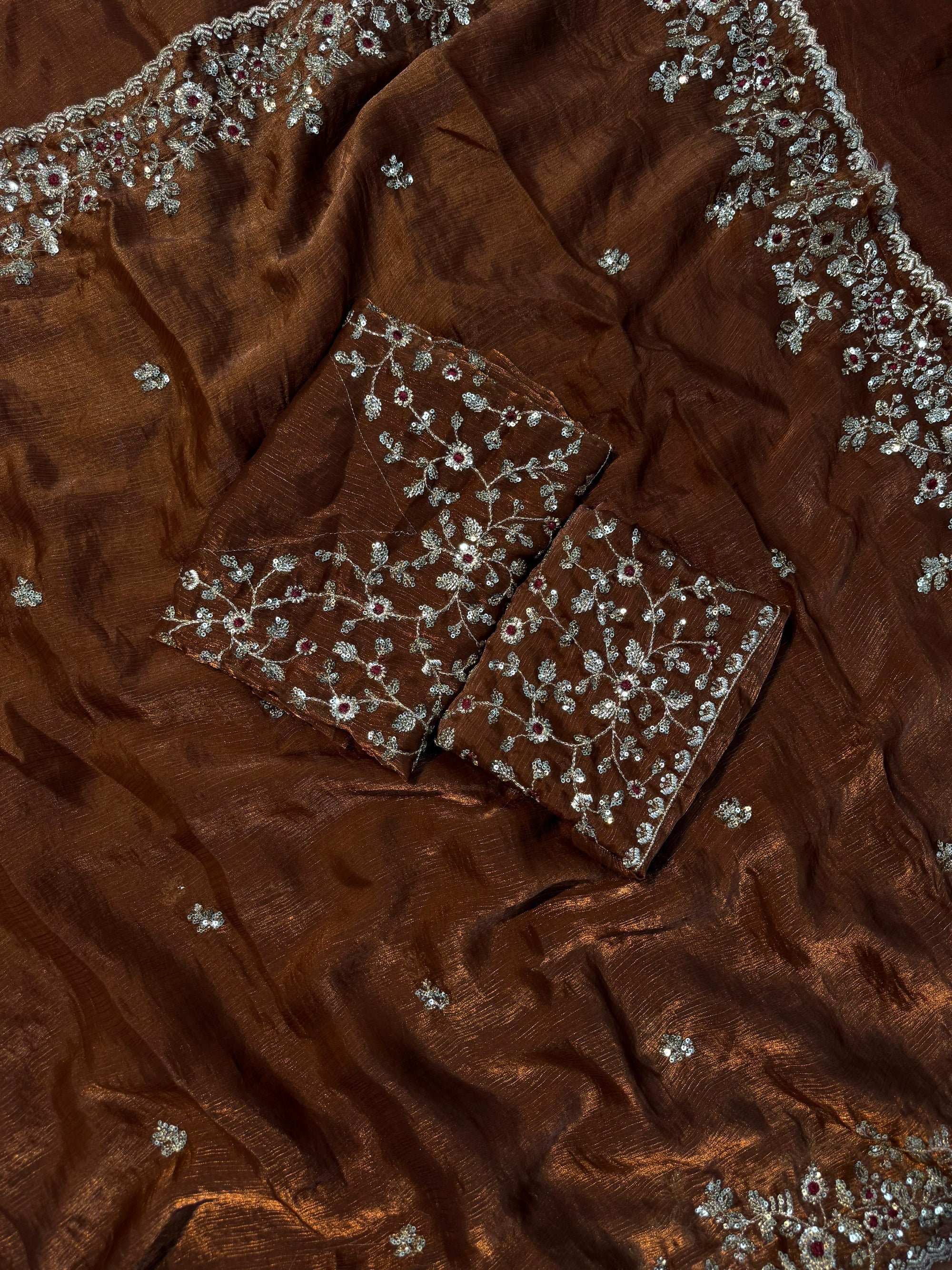 PREMIUM BURNT BRONZE SHIMMERY TISSUE SILK HANDWORK SAREE