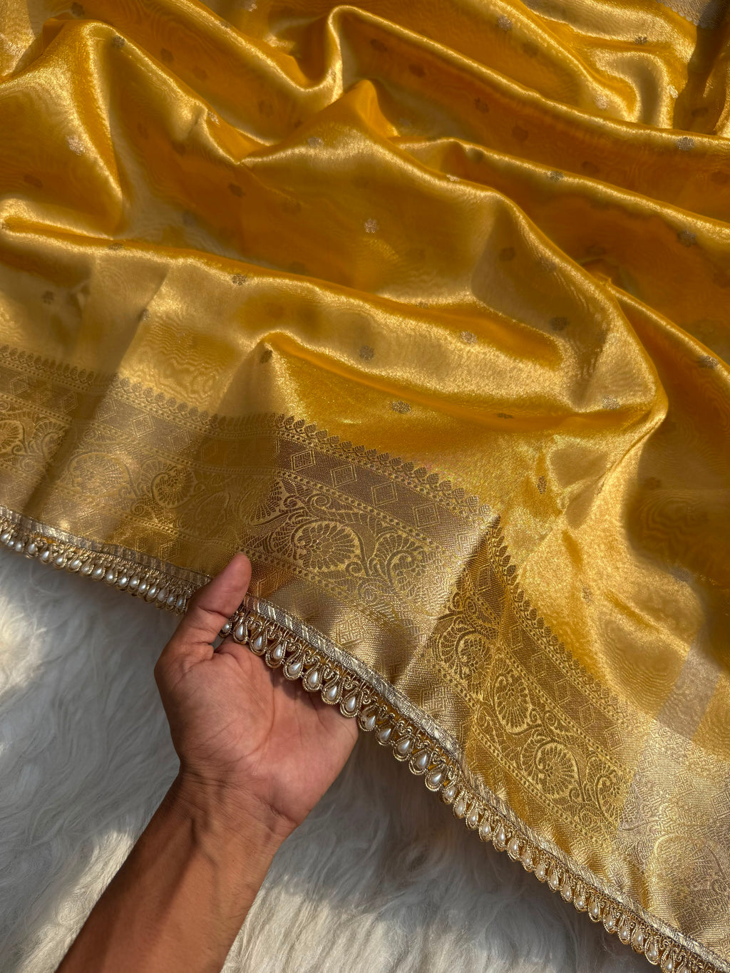 PREMIUM YELLOW DESIGNER TISSUE SILK BOOTI SAREE WITH LACE ATTACHED