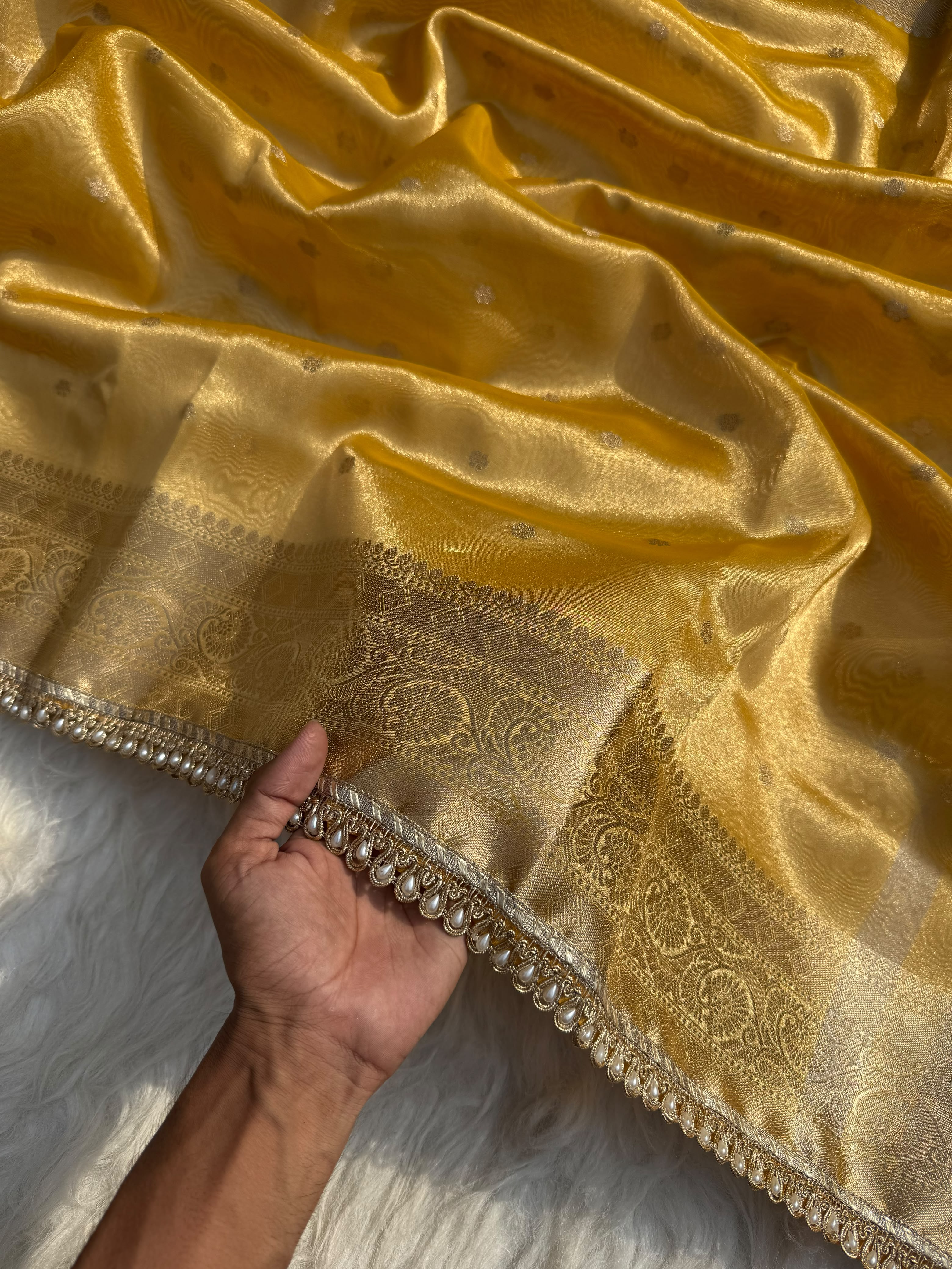 PREMIUM YELLOW DESIGNER TISSUE SILK BOOTI SAREE WITH LACE ATTACHED