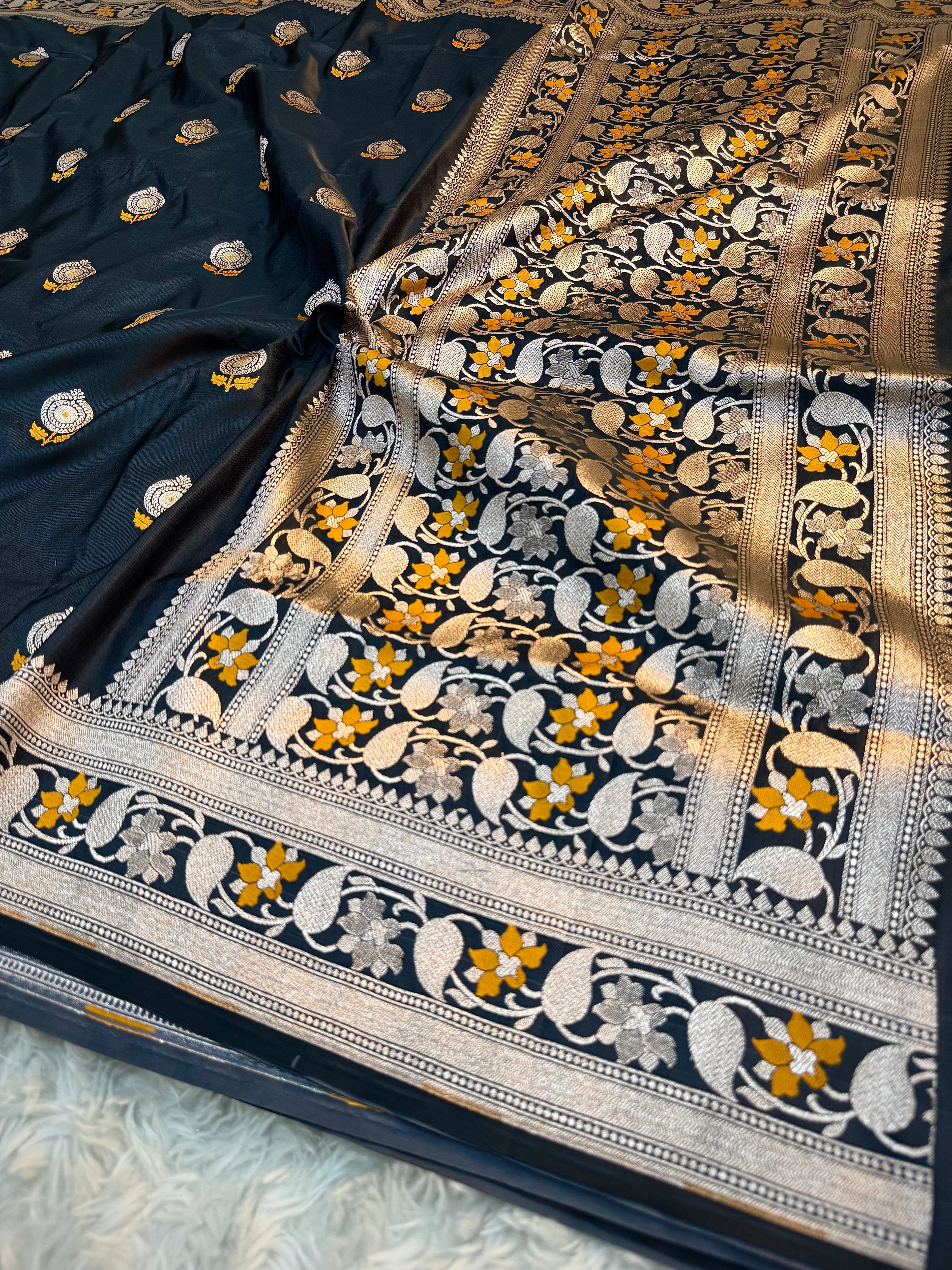 PREMIUM BLACK SHADE SATIN MASHRU KATAN SILK MEENAKARI SAREE
