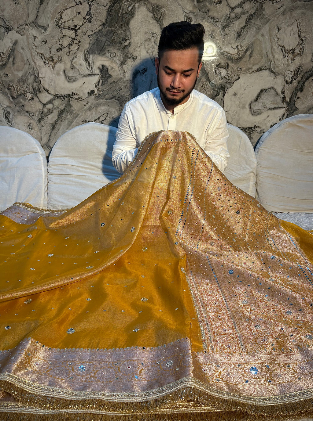 EXCLUSIVE YELLOW SHADE SHADE SOFT TISSUE SILK MIRROR WORK DESIGNER SAREE