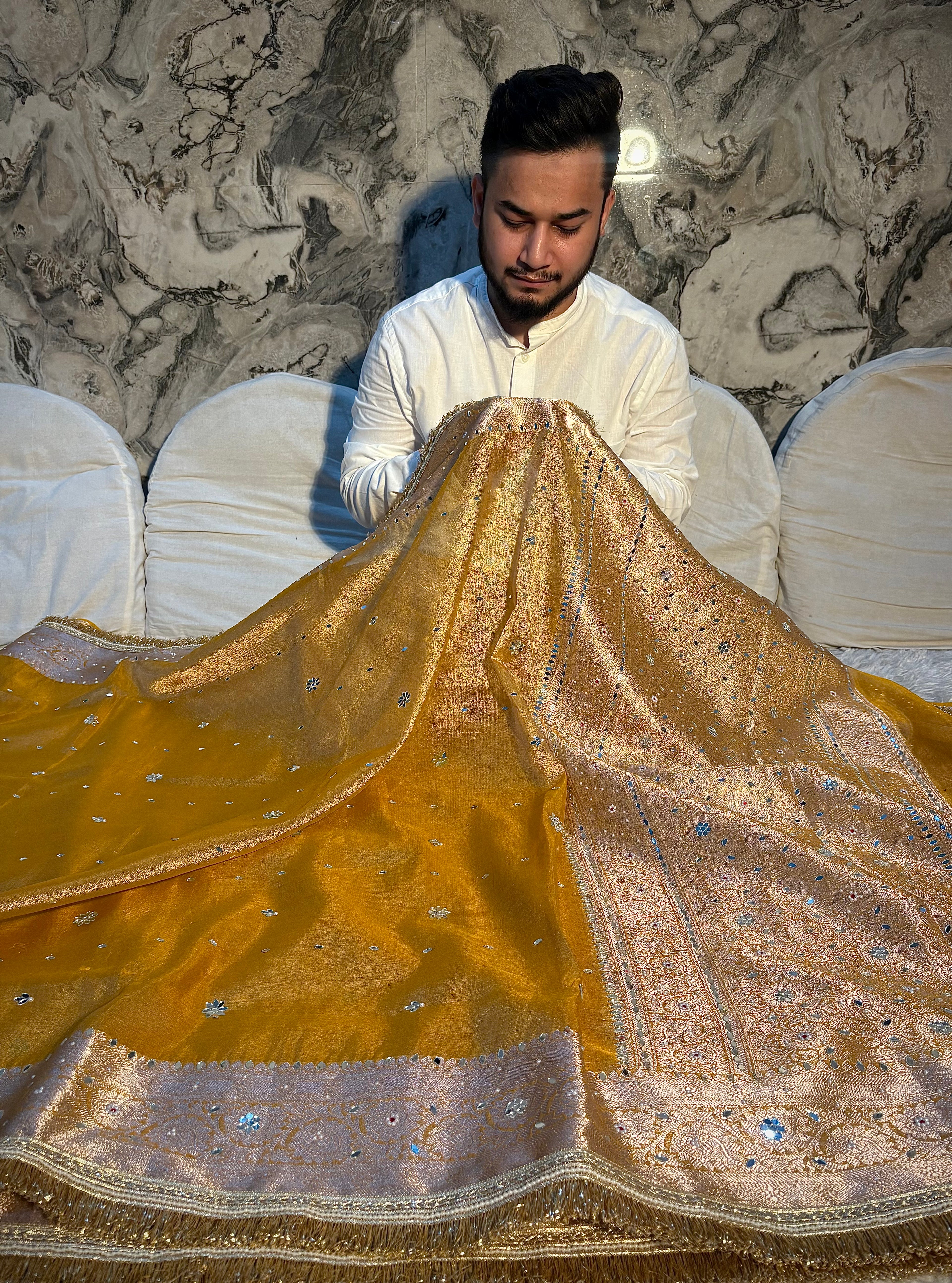 EXCLUSIVE YELLOW SHADE SHADE SOFT TISSUE SILK MIRROR WORK DESIGNER SAREE
