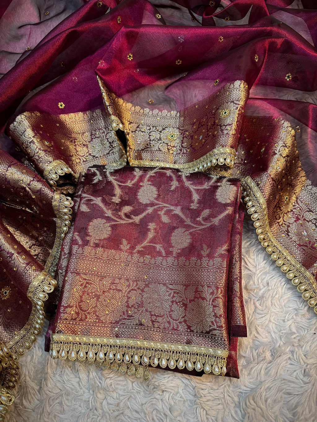 EXCLUSIVE WINE SHADE SOFT TISSUE SILK SAREE DESIGNER HAND STONE WORK WITH LACE ATTACHED