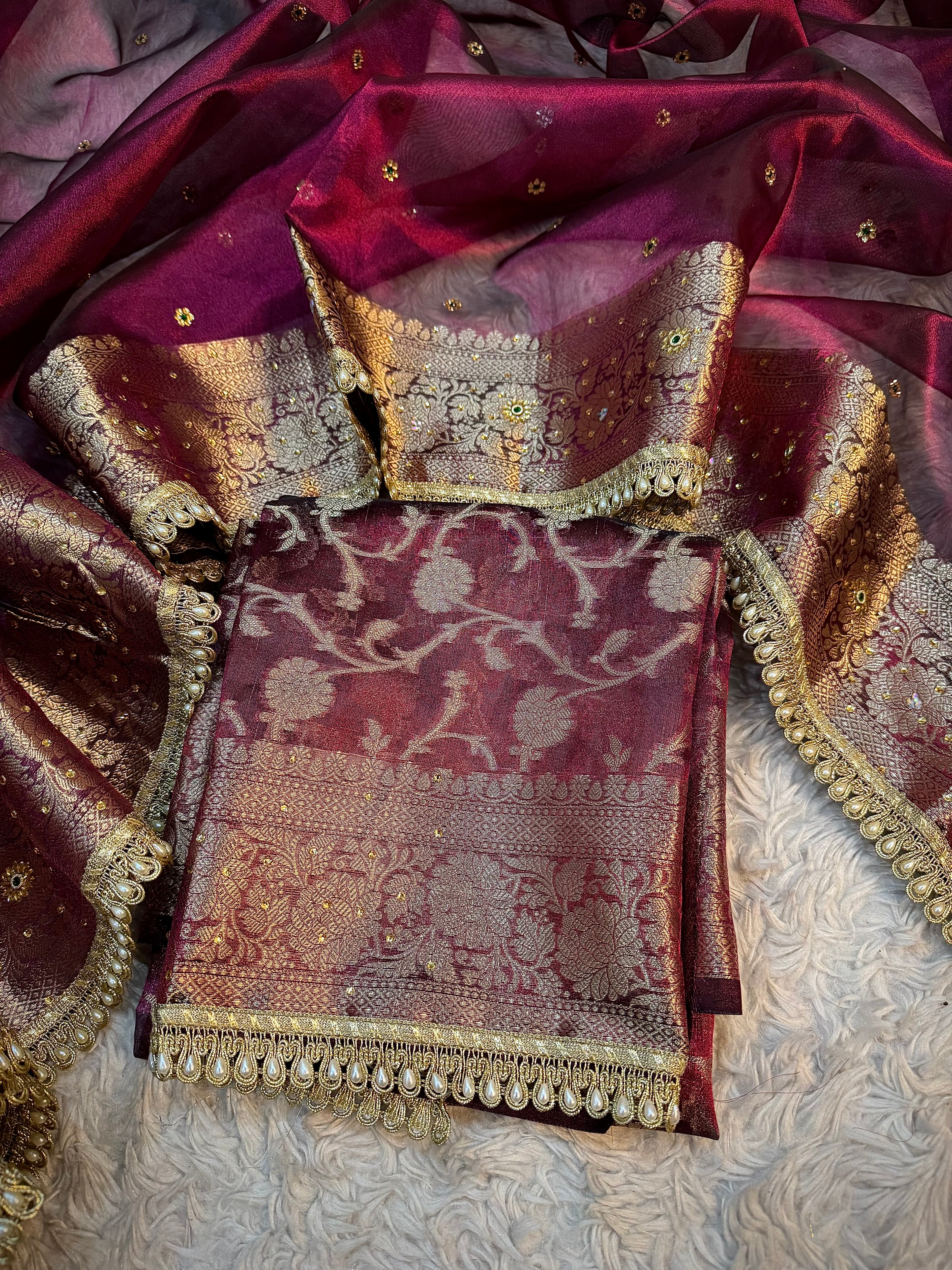 EXCLUSIVE WINE SHADE SOFT TISSUE SILK SAREE DESIGNER HAND STONE WORK WITH LACE ATTACHED