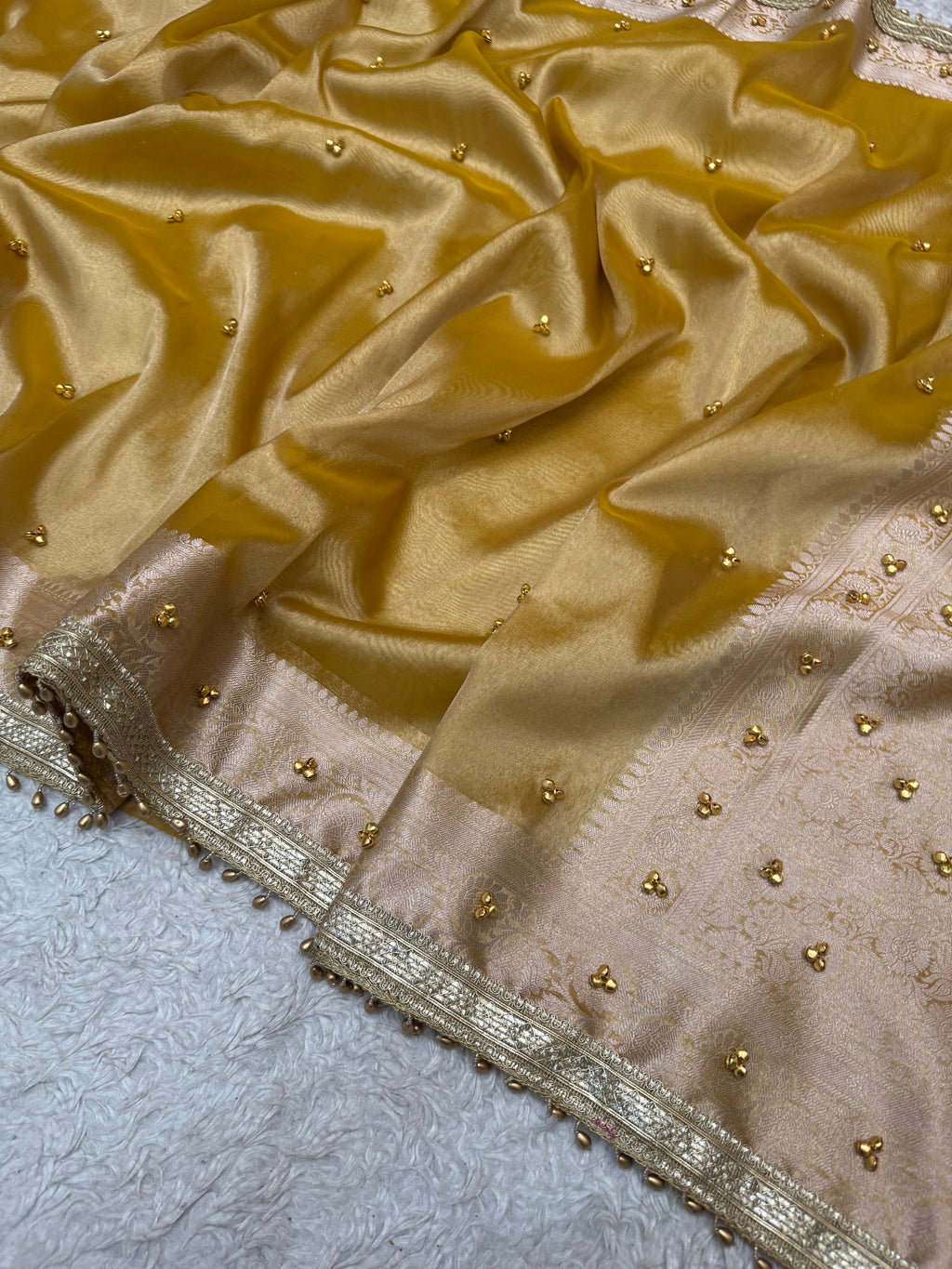 PREMIUM YELLOW SHADE GHUNGROO WORK SOFT BANARASI TISSUE SILK DESIGNER SAREE