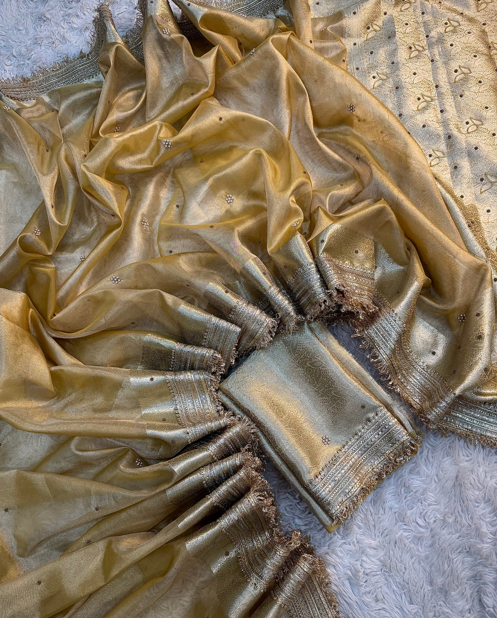 LUXURIOUS CLASSY BEIGE SHADE SOFT TISSUE SILK WITH PREMIUM HAND EMBROIDERY AND LACE WORK