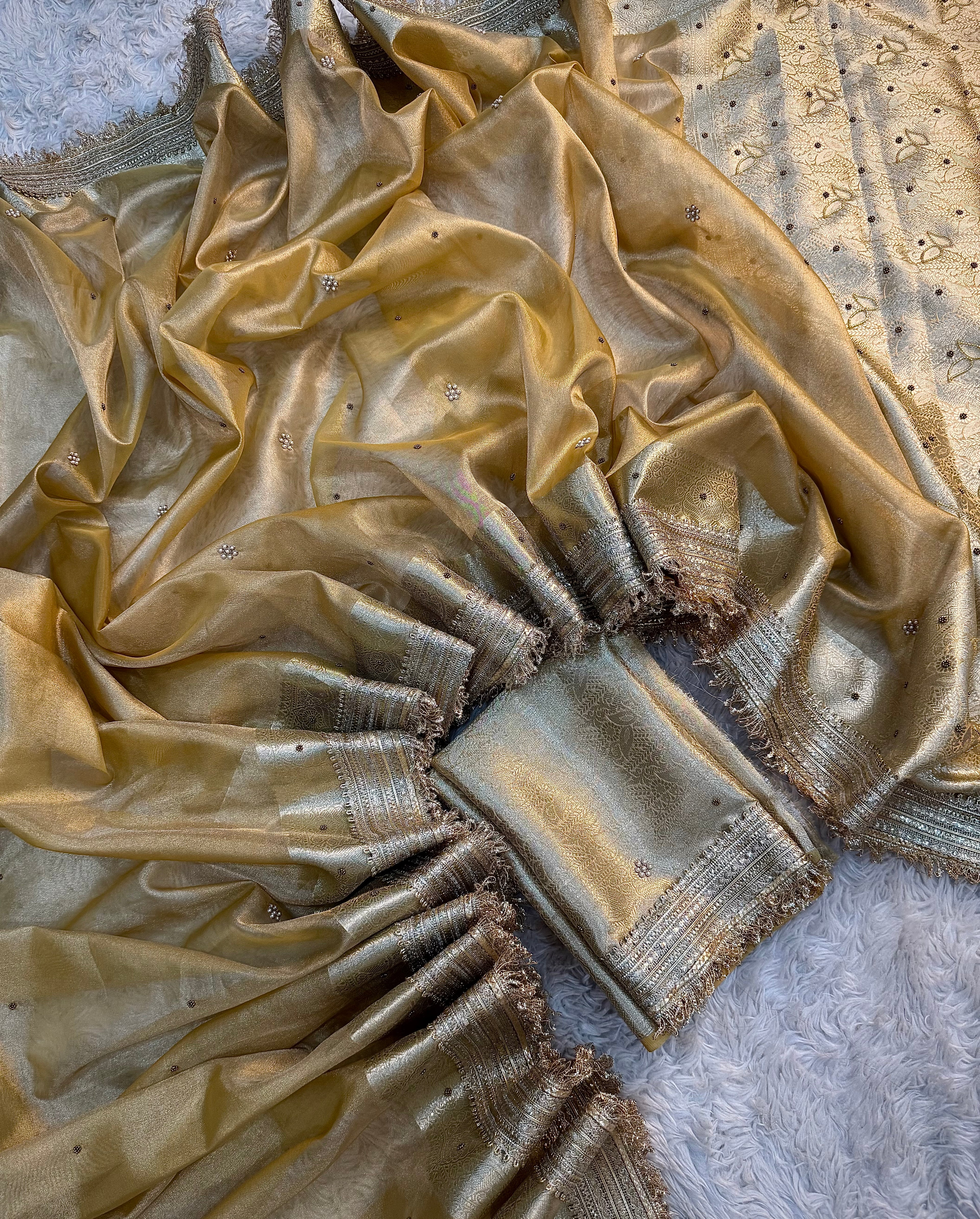 LUXURIOUS CLASSY BEIGE SHADE SOFT TISSUE SILK WITH PREMIUM HAND EMBROIDERY AND LACE WORK