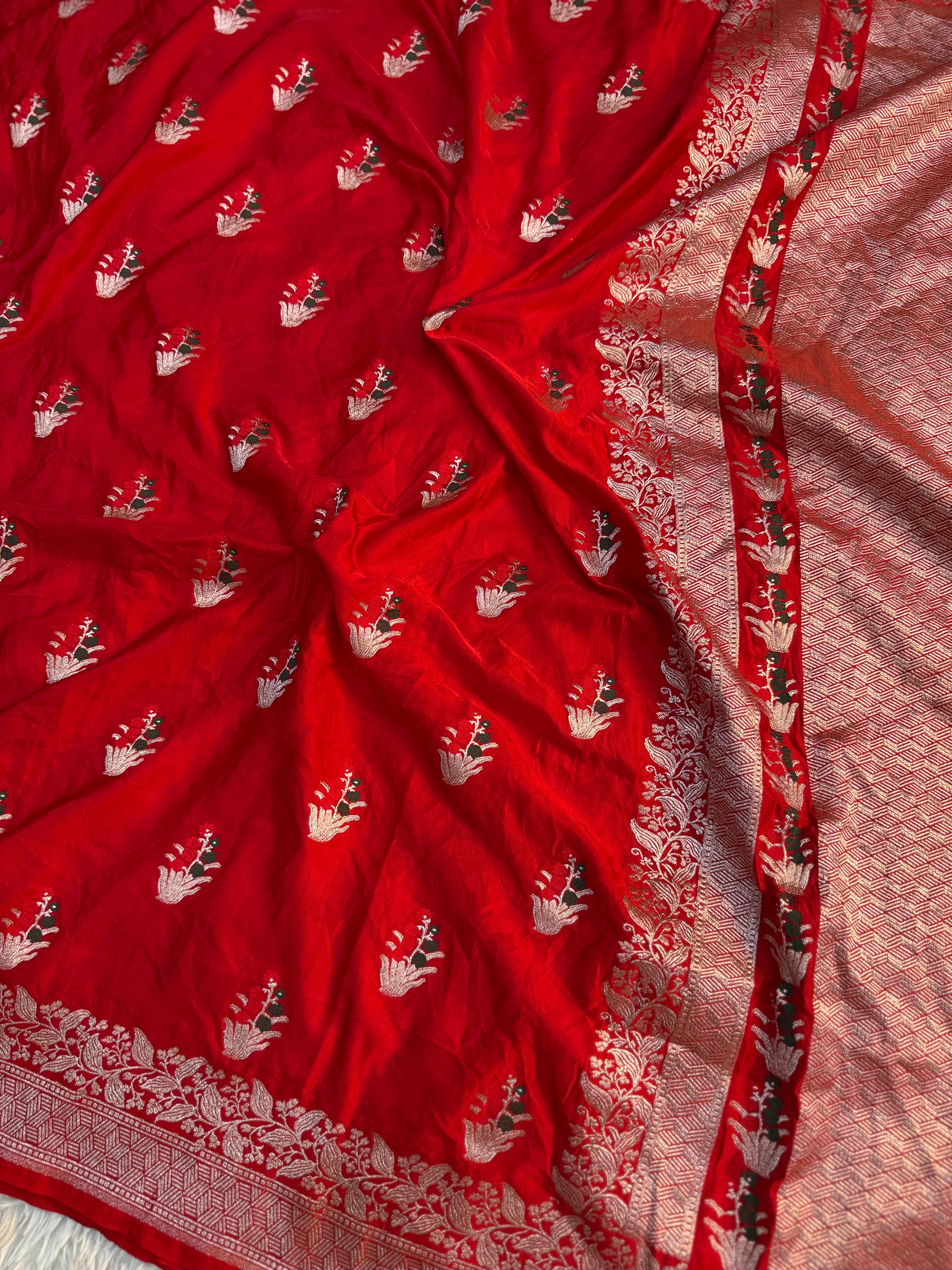 PREMIUM BRIDAL RED SHADE SATIN MASHRU KATAN SILK SAREE