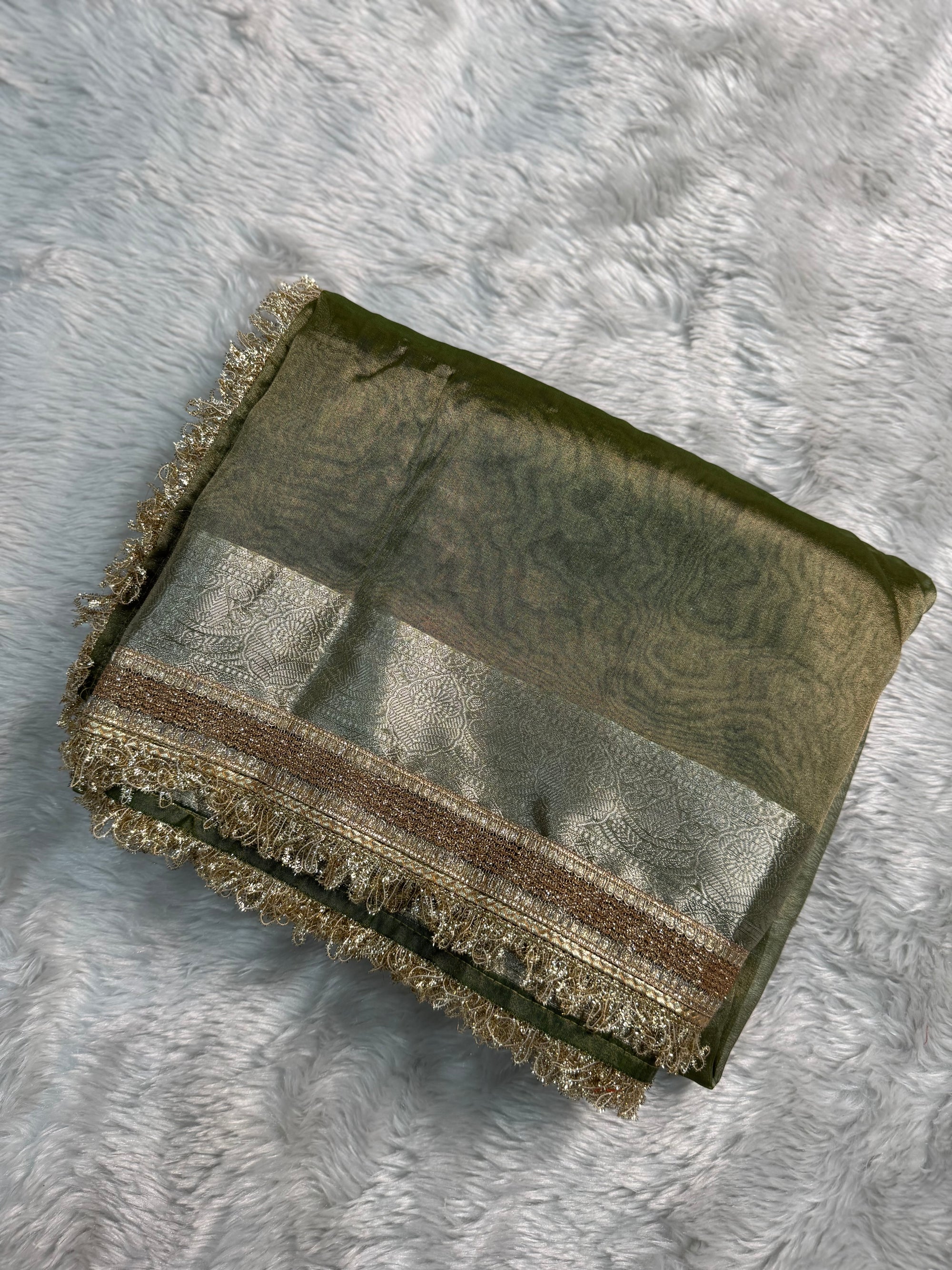 PREMIUM OLIVE GREEN SHADE SOFT TISSUE SILK SAREE WITH LACE ATTACHED