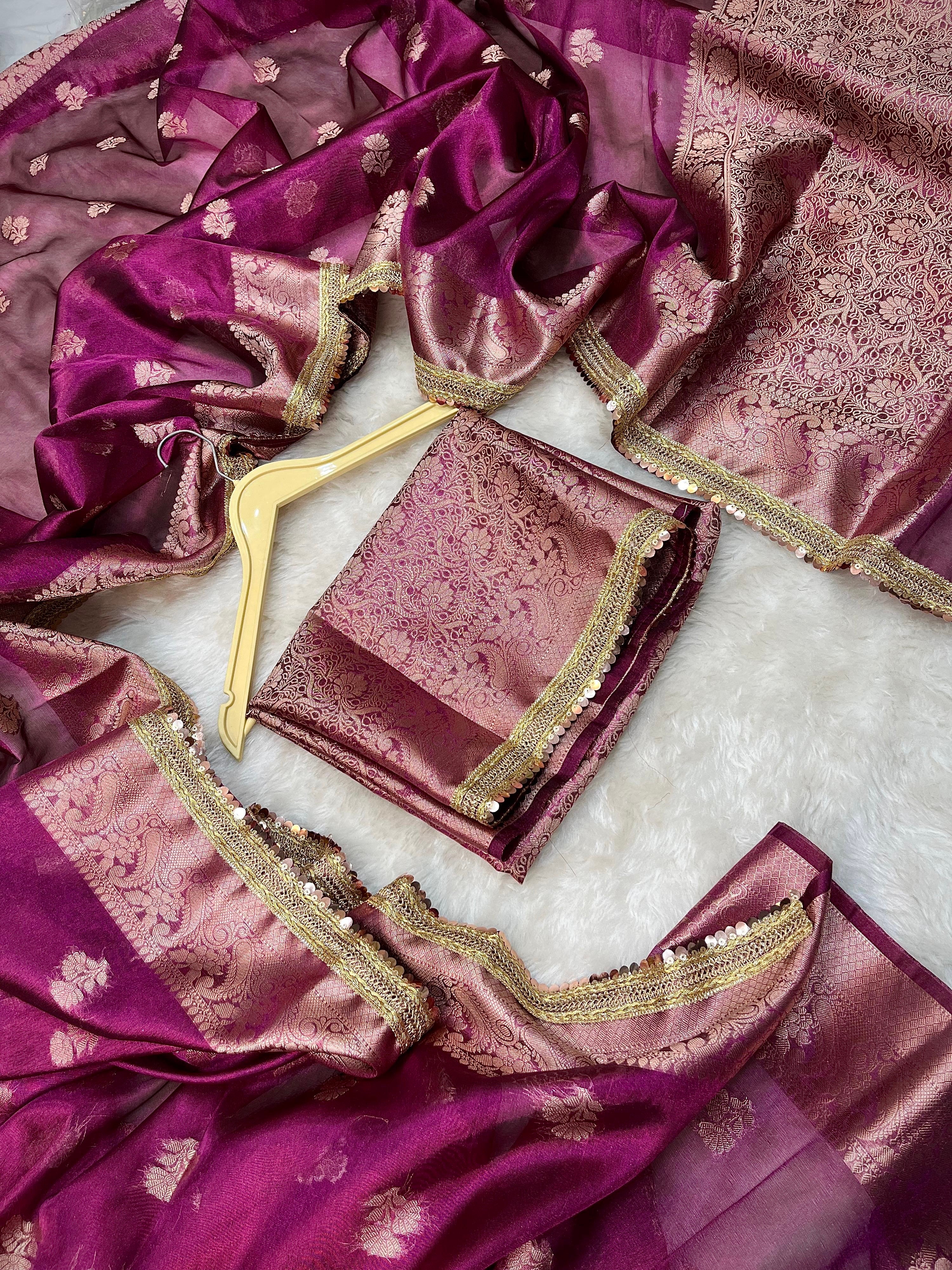 PREMIUM WINE SHADE DESIGNER TISSUE SILK BOOTI SAREE WITH LACE ATTACHED
