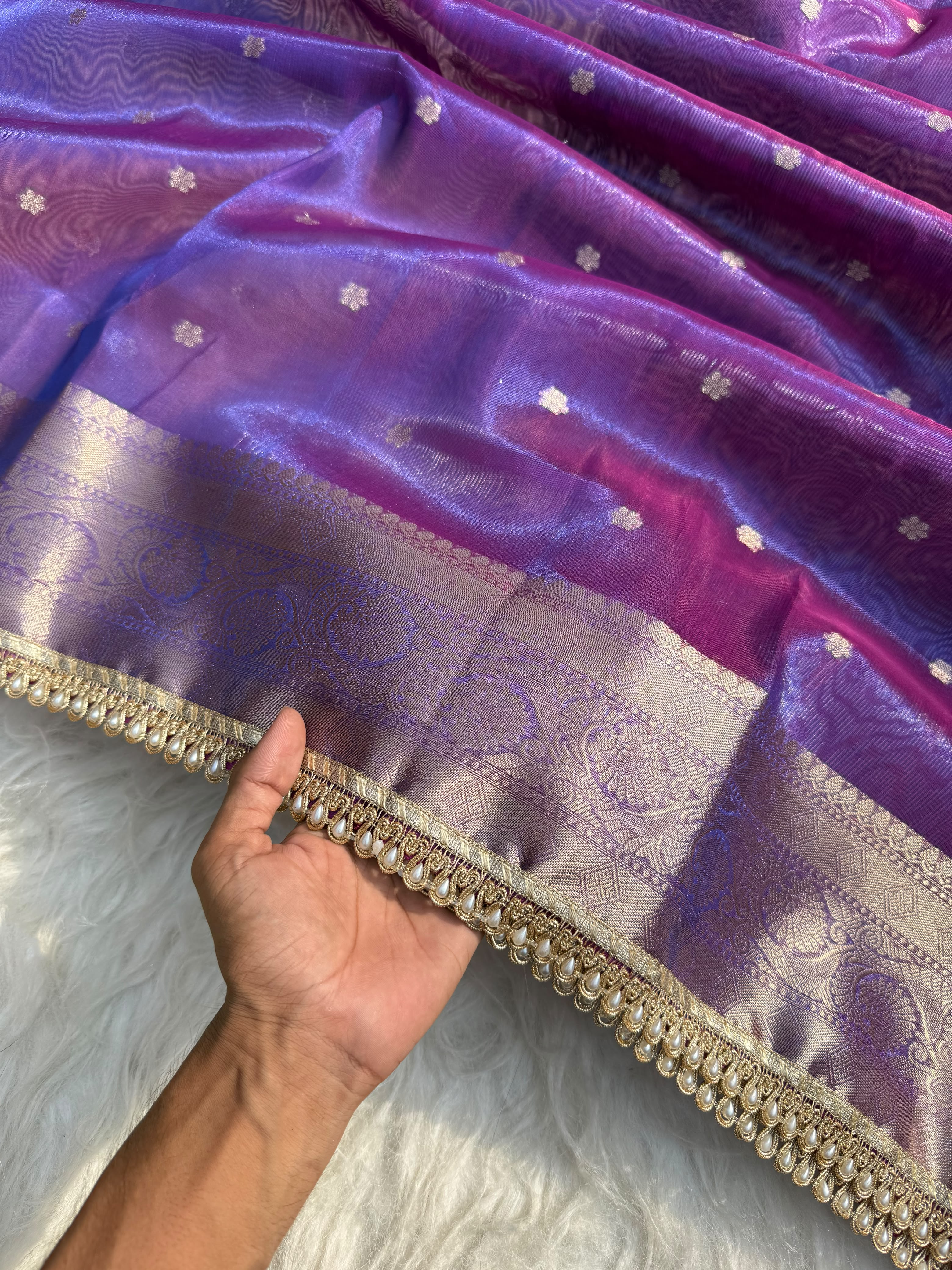 PREMIUM PURPLE SHADE DESIGNER TISSUE SILK BOOTI SAREE WITH LACE ATTACHED