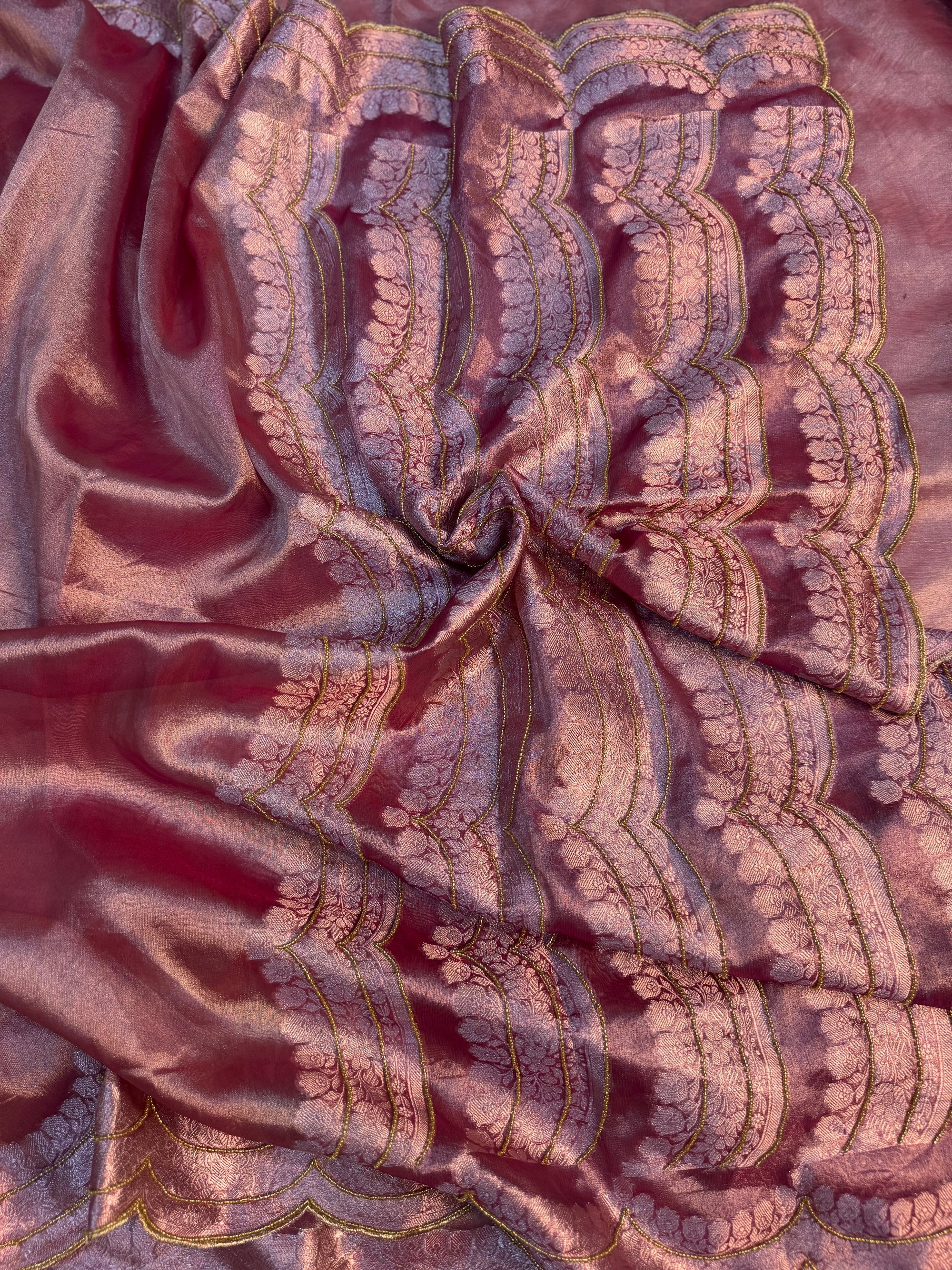 PREMIUM STRAWBERRY SHADE HANDWORK TISSUE SILK CUTWORK SAREE
