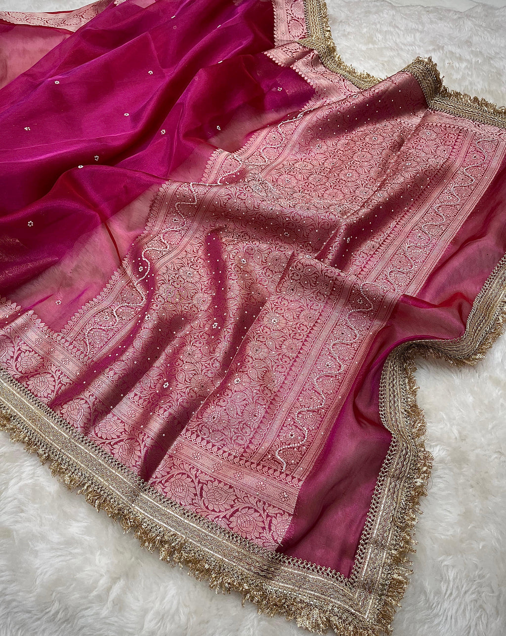 PREMIUM HOT PINK SHADE SOFT TISSUE SILK SAREE DESIGNER HAND STONE WORK WITH LACE ATTACHED