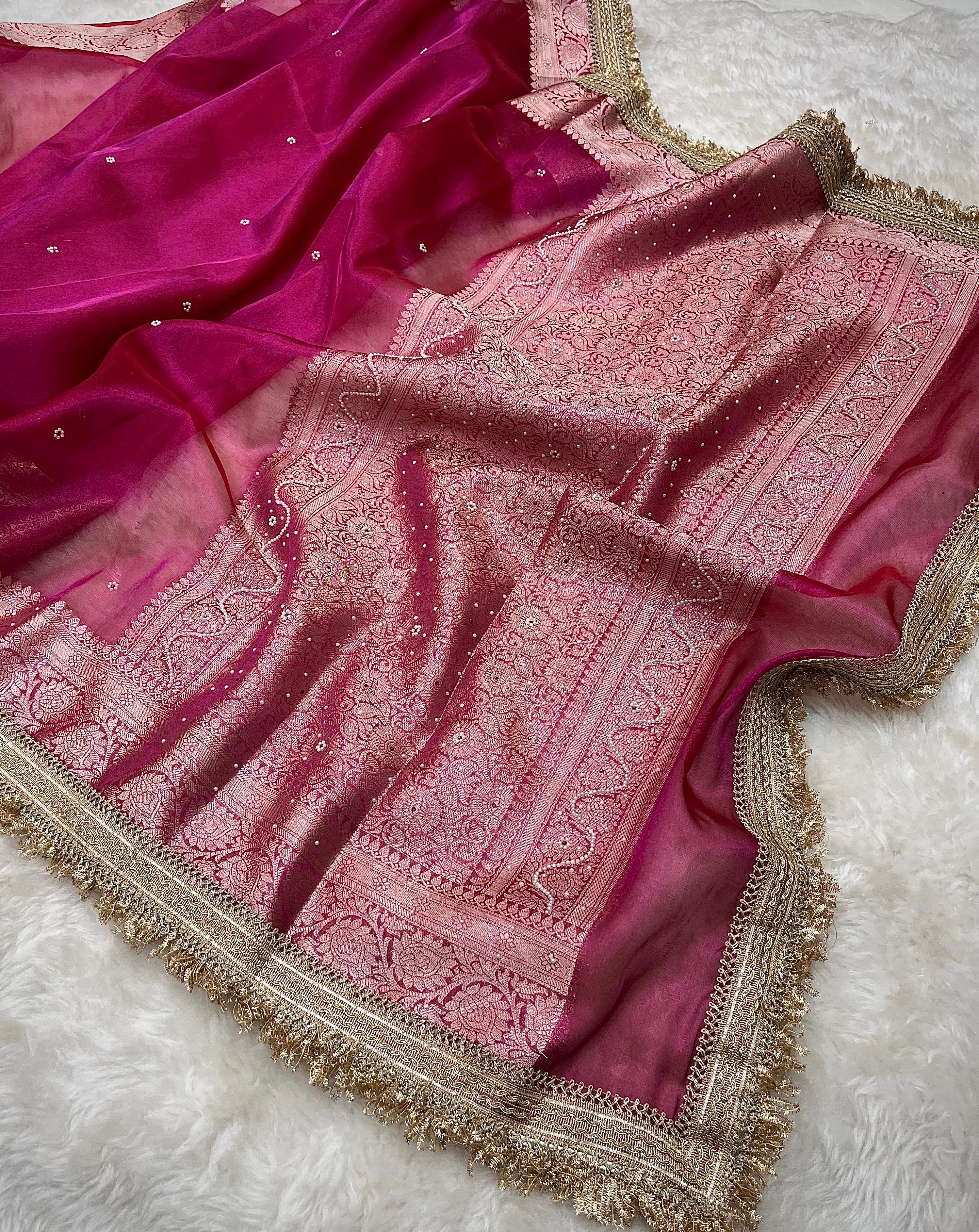 PREMIUM HOT PINK SHADE SOFT TISSUE SILK SAREE DESIGNER HAND STONE WORK WITH LACE ATTACHED