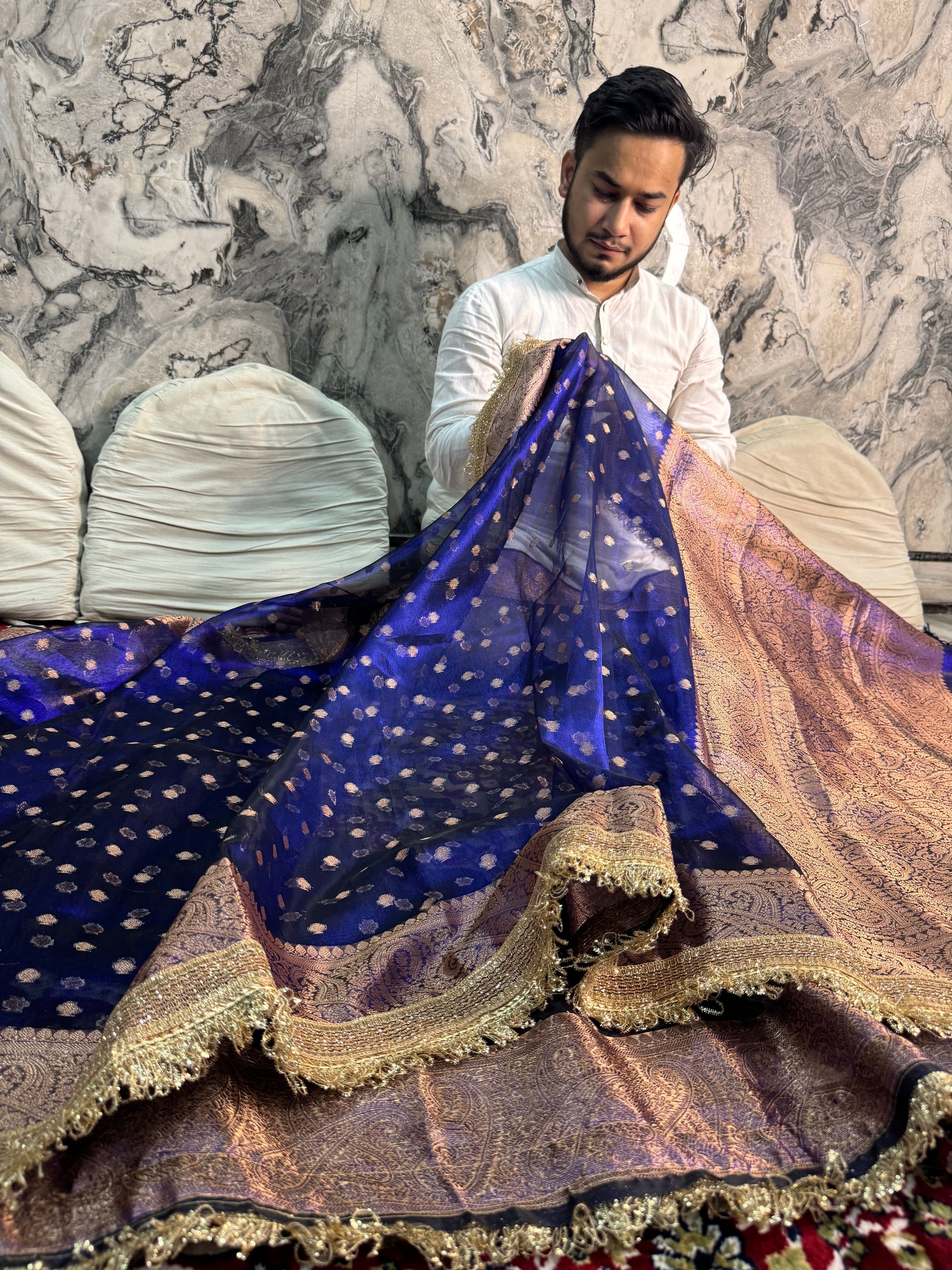 ROYAL BLUE SOFT TISSUE SILK SAREE WITH LACE ATTACHED