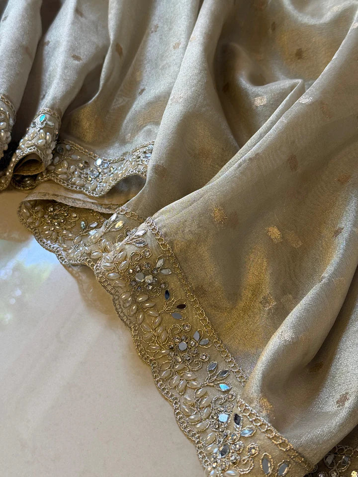 LUXURIOUS IVORY SHADE DESIGNER SOFT TISSUE SILK BOOTI SAREE WITH  LACE ATTACHED
