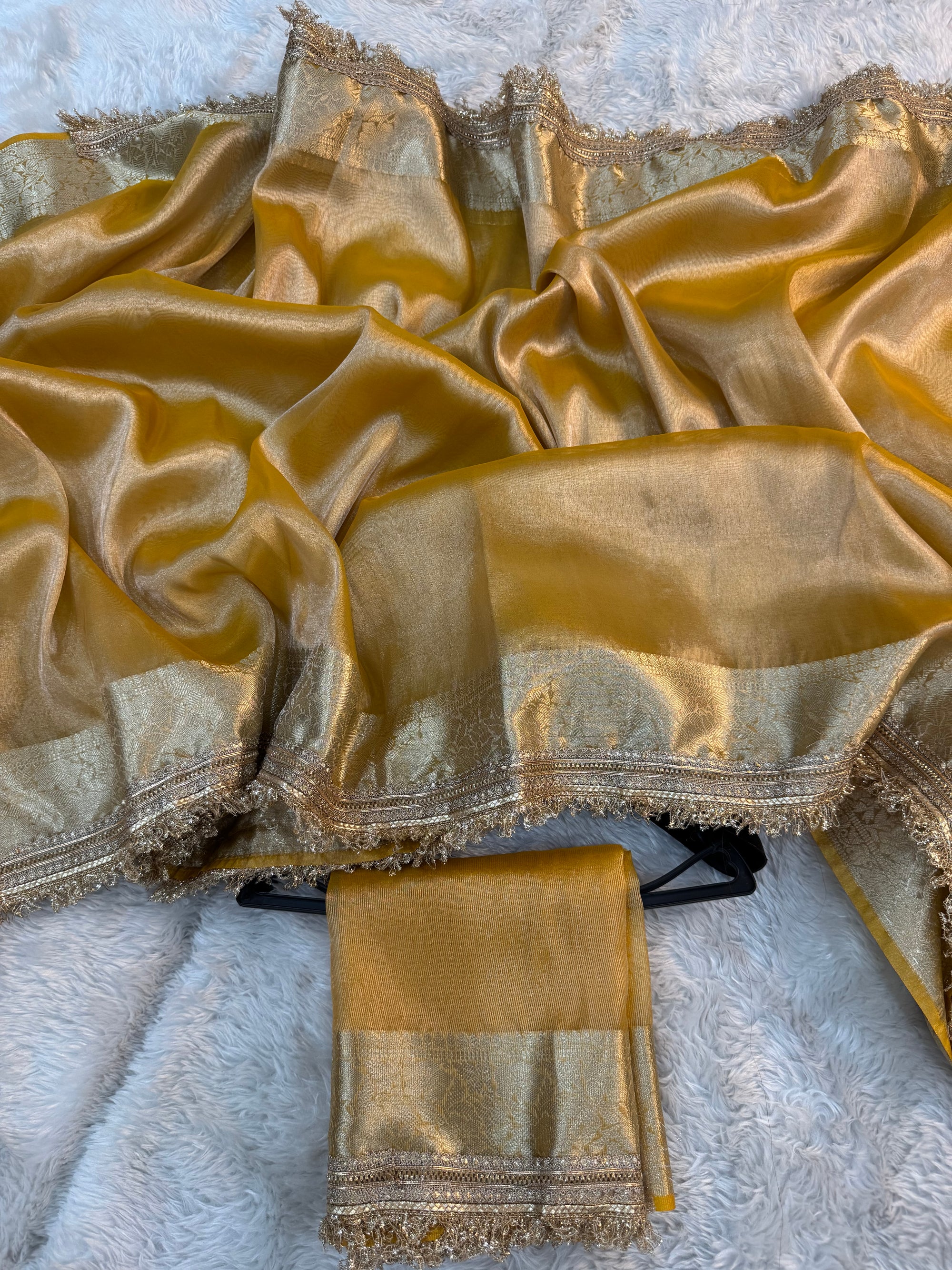 PREMIUM YELLOW SHADE SOFT TISSUE SILK SAREE WITH LACE ATTACHED