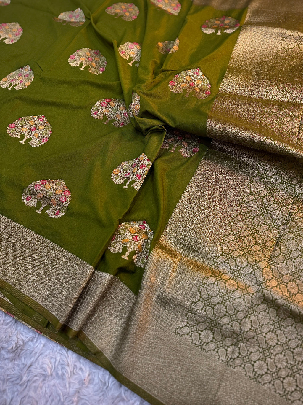 MAHENDI GREEN SHADE CHINON GEORGETTE SILK MEENAKARI SAREE