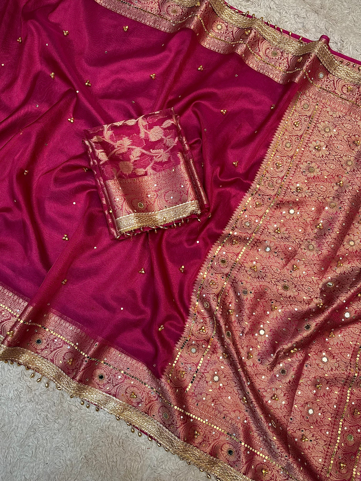 PREMIUM RANI SHADE SOFT BANARASI TISSUE SILK GHUNGROO WORK WITH MIRROR WORK DESIGNER SAREE