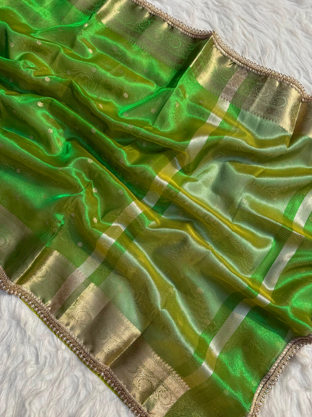 PREMIUM MINT GREEN SHADE DESIGNER TISSUE SILK BOOTI SAREE WITH LACE ATTACHED
