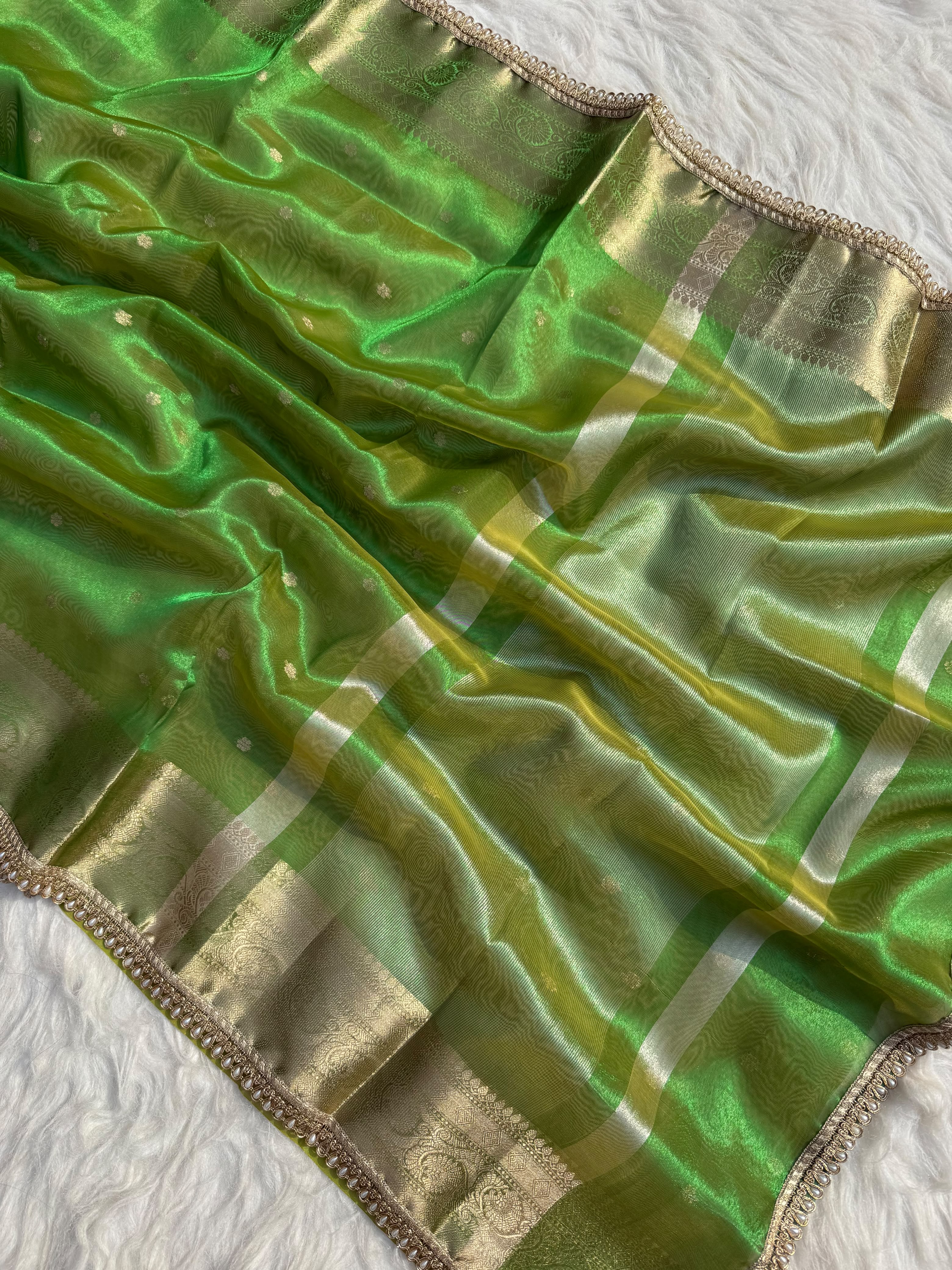 PREMIUM MINT GREEN SHADE DESIGNER TISSUE SILK BOOTI SAREE WITH LACE ATTACHED