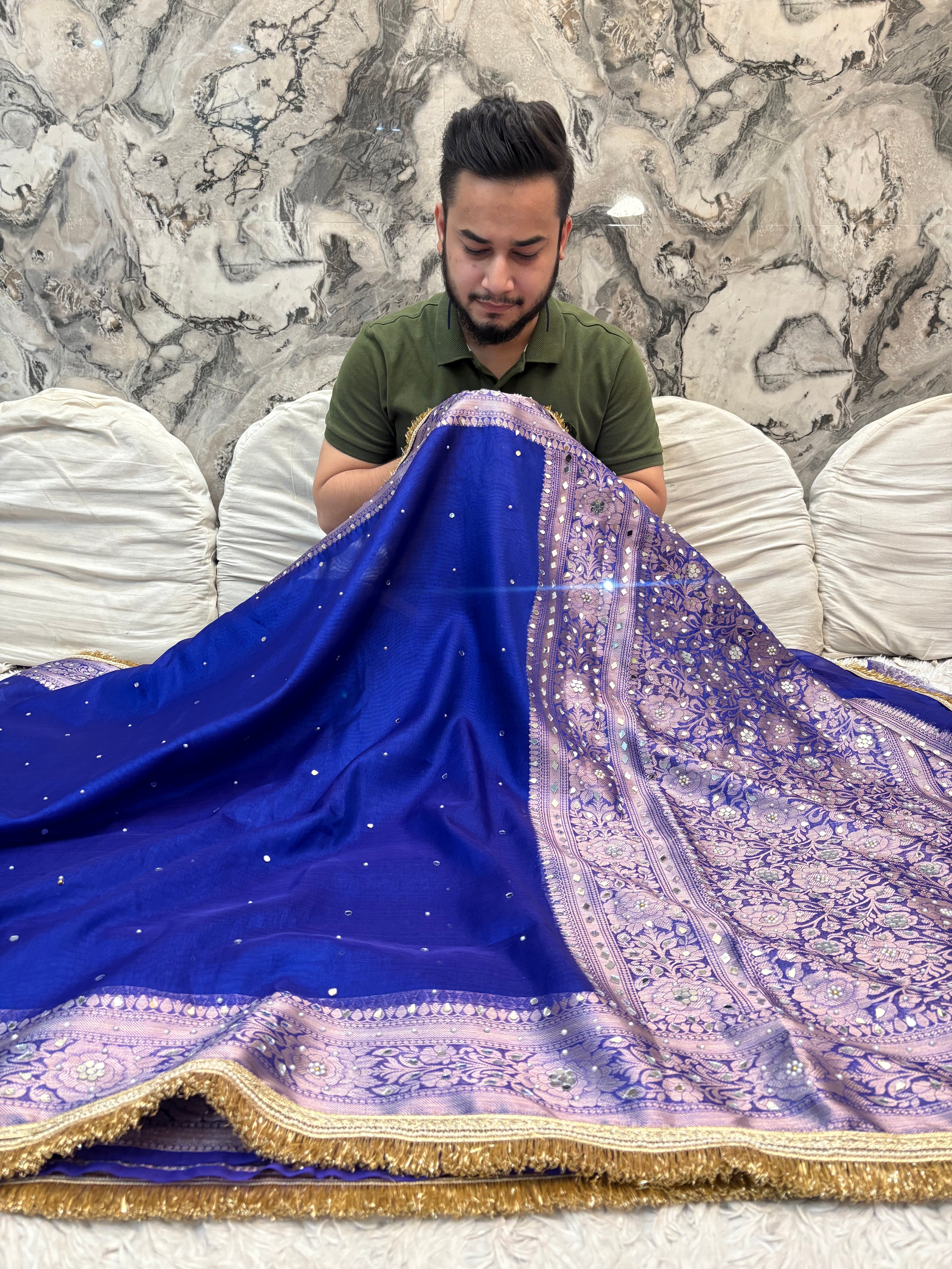 EXCLUSIVE ROYAL BLUE SHADE SOFT TISSUE SILK MIRROR WORK DESIGNER SAREE