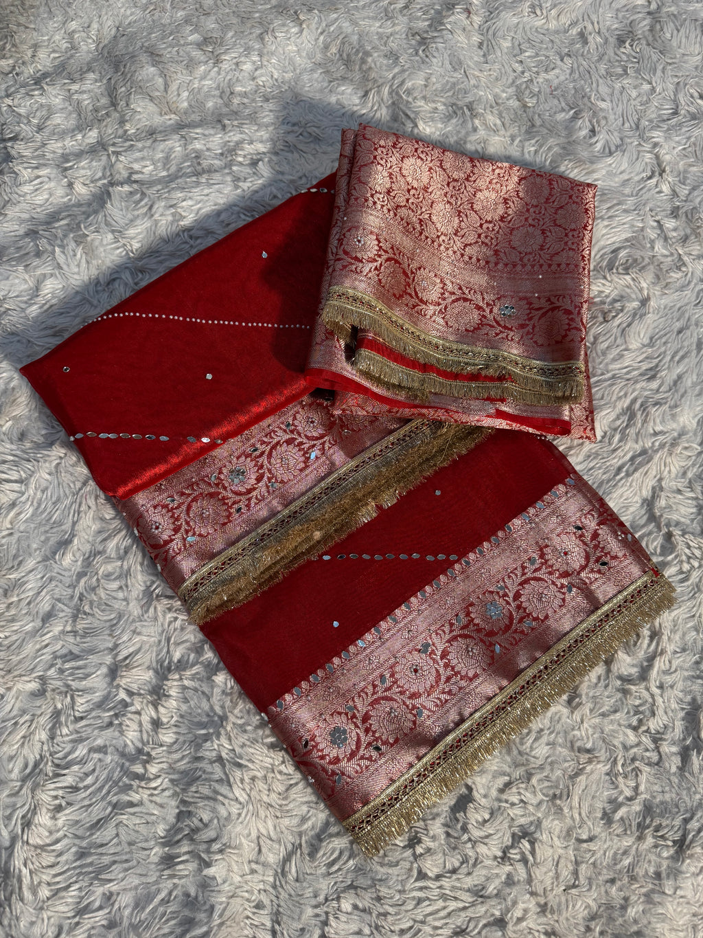 EXCLUSIVE BRIDAL RED SHADE SOFT TISSUE SILK MIRROR WORK DESIGNER SAREE
