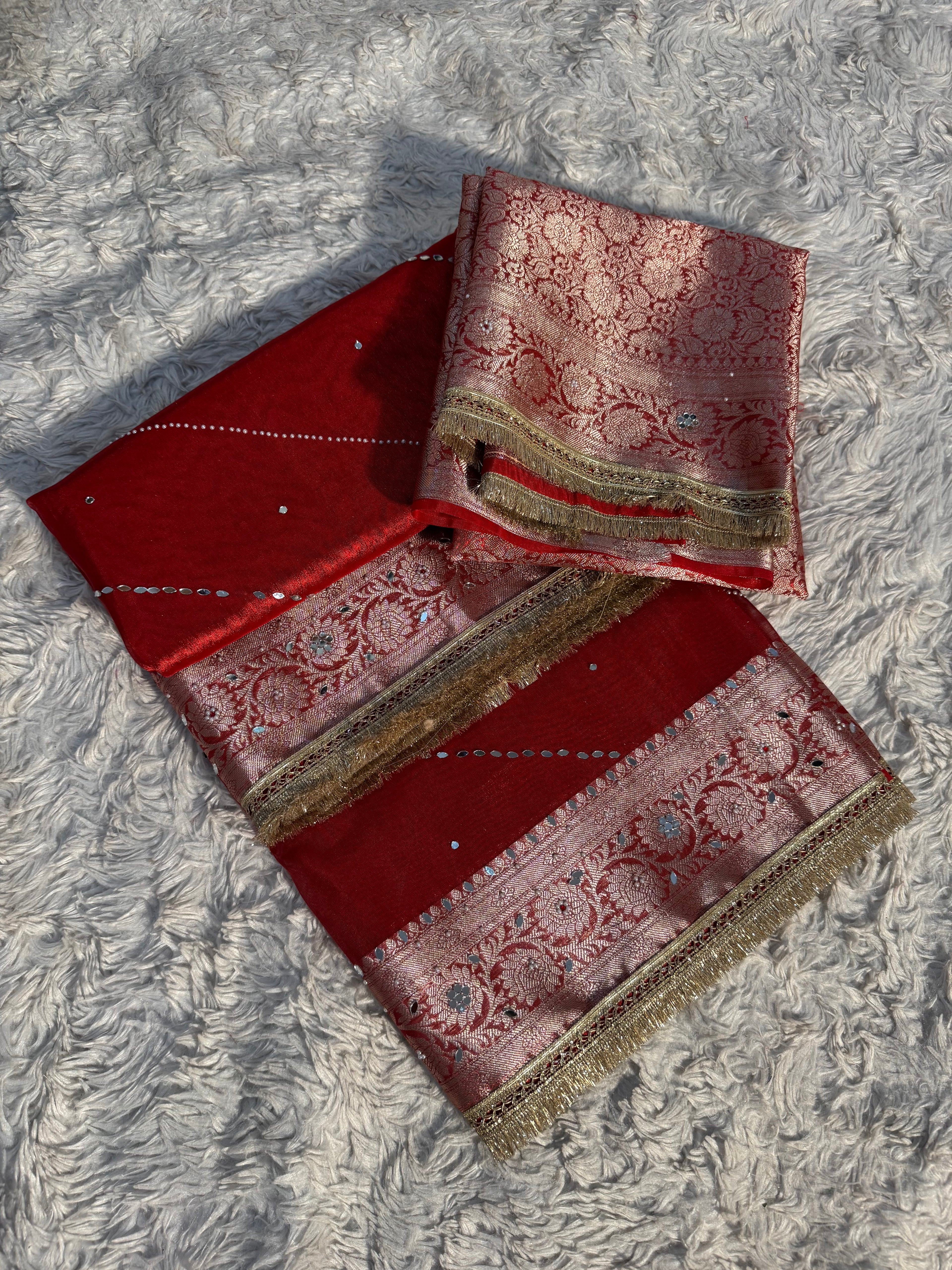 EXCLUSIVE BRIDAL RED SHADE SOFT TISSUE SILK MIRROR WORK DESIGNER SAREE